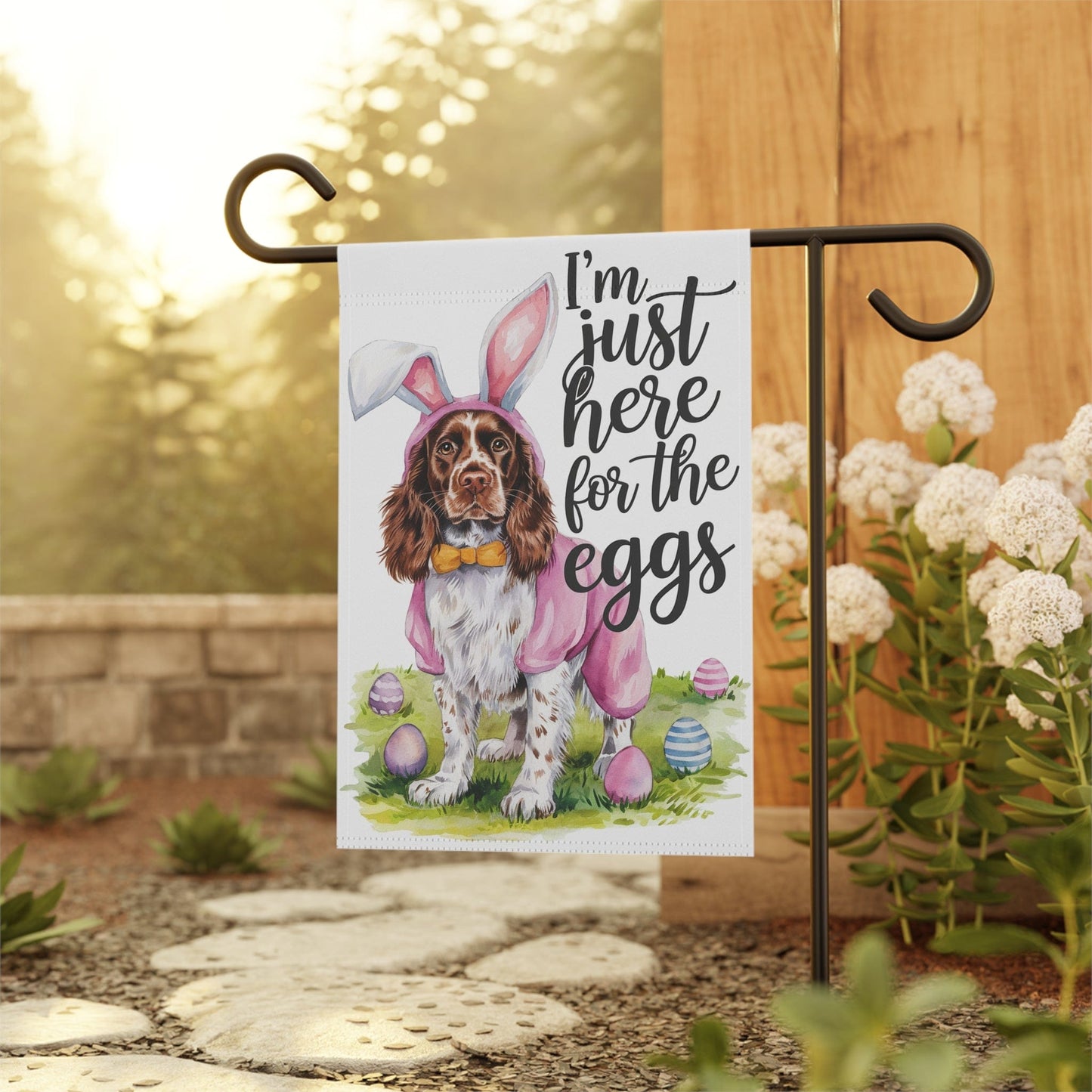 Printify Home Decor Brown Springer Spaniel Easter Garden Flag, Funny Spring Pet House Banner