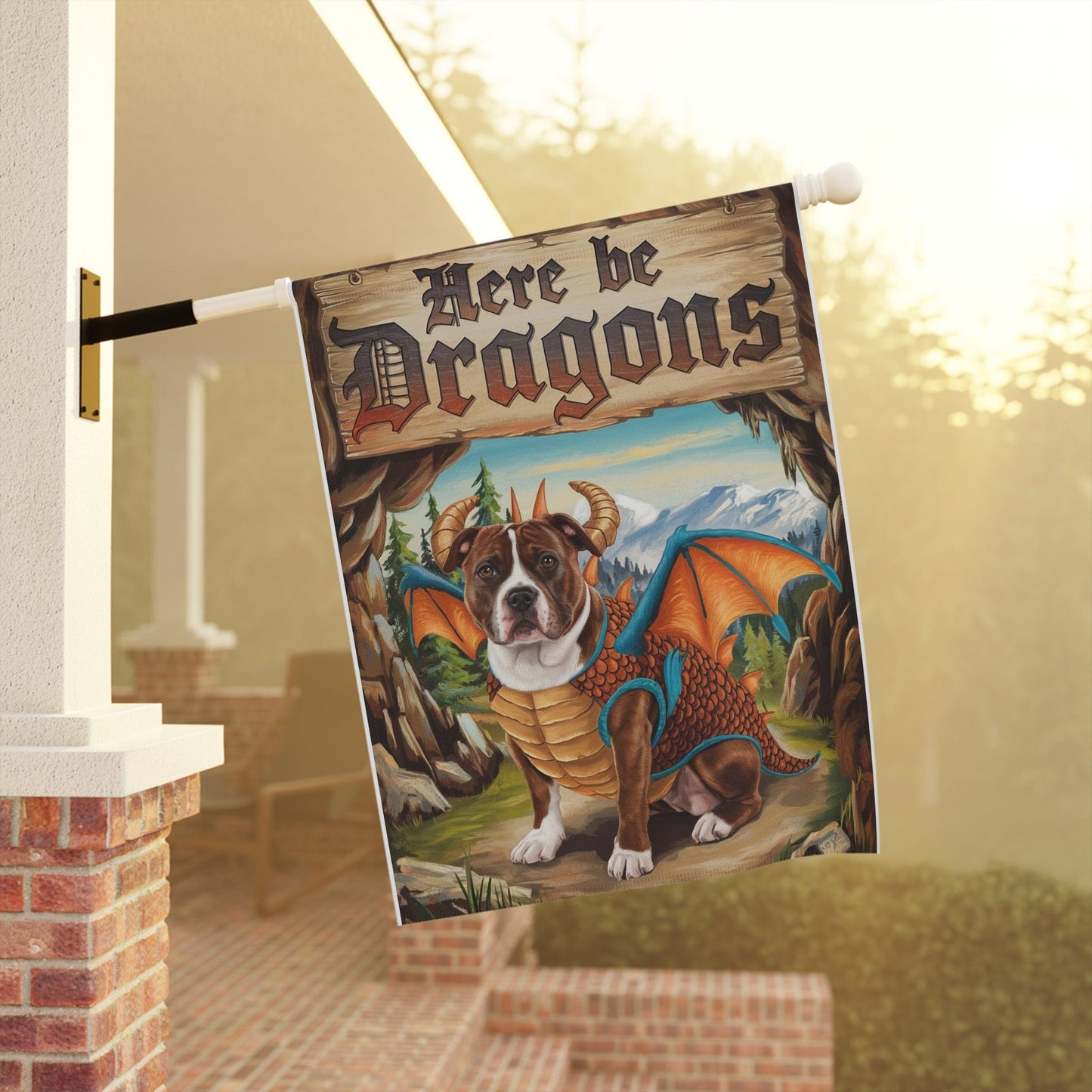 Brown Staffordshire Bull Terrier Dog Dragon, Garden Flag, Pet Adventure, Yard Spring Housewarming Halloween