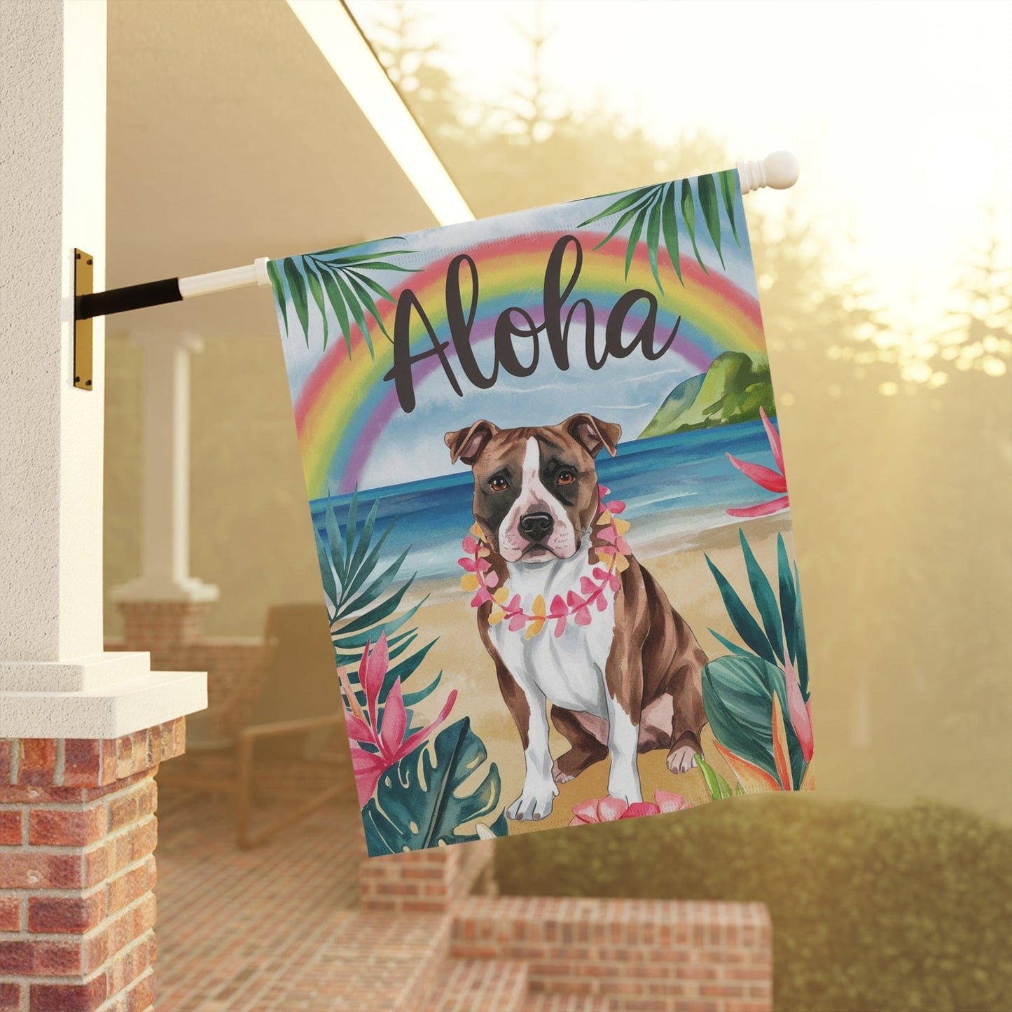Printify Home Decor Brown Staffordshire Bull Terrier, Hawaii Garden Flag, Aloha Luau Party Decor, Tropical Hawaiian Beach Gardener Gift