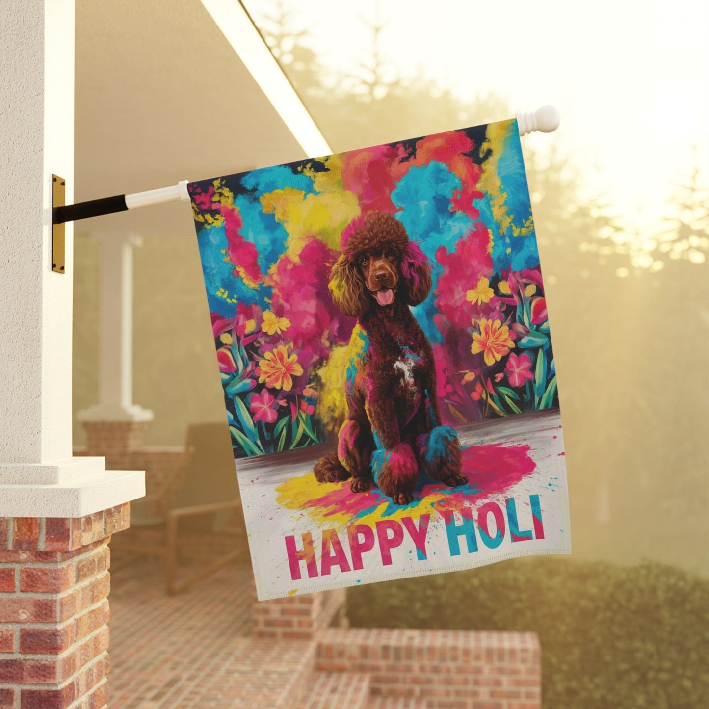 Printify Home Decor Brown Standard Poodle Holi Garden Flag, Indian Festival Dog Lovers, Yard Outside Decor