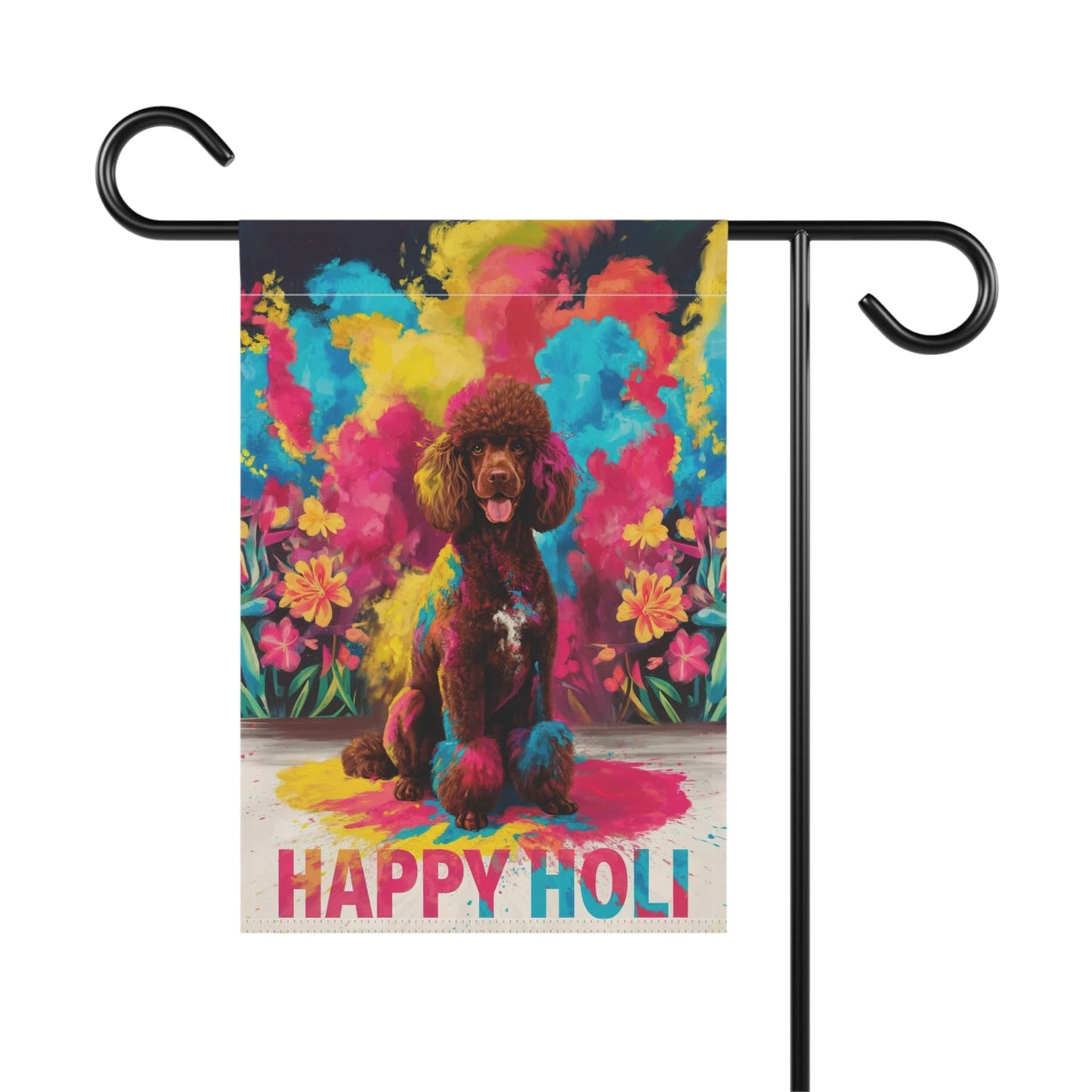 Printify Home Decor Brown Standard Poodle Holi Garden Flag, Indian Festival Dog Lovers, Yard Outside Decor