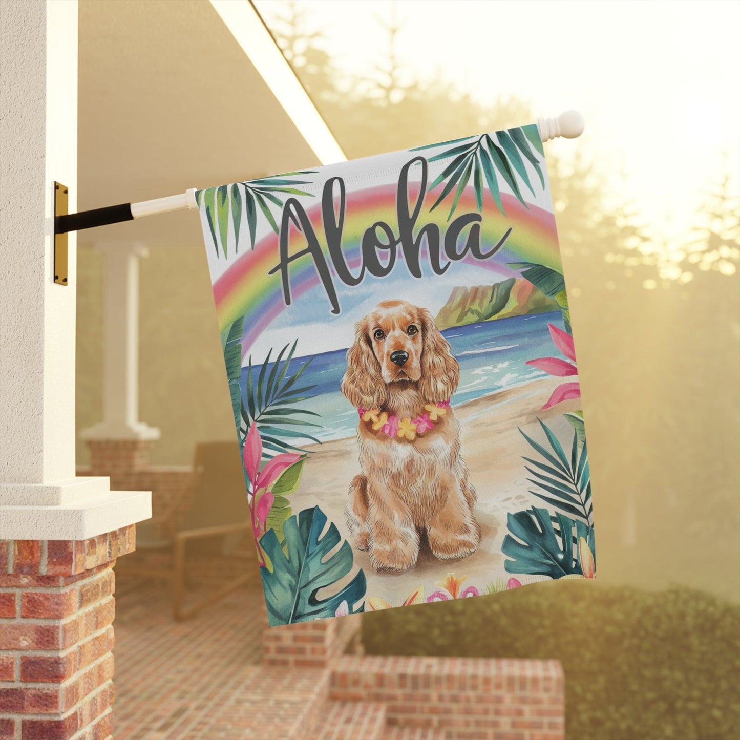 Printify Garden Flag Buff Cocker Spaniel Aloha Luau Garden Flag