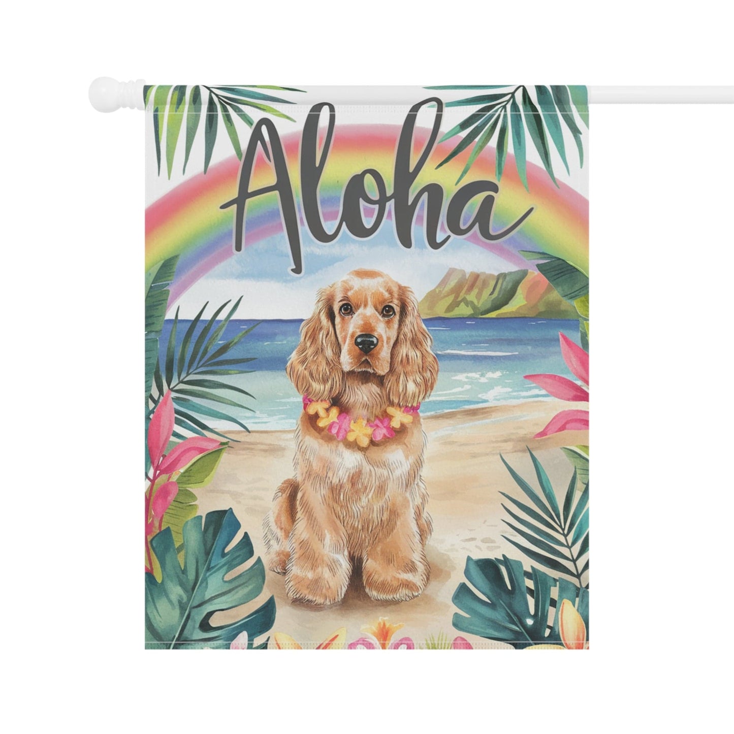 Printify Garden Flag Buff Cocker Spaniel Aloha Luau Garden Flag