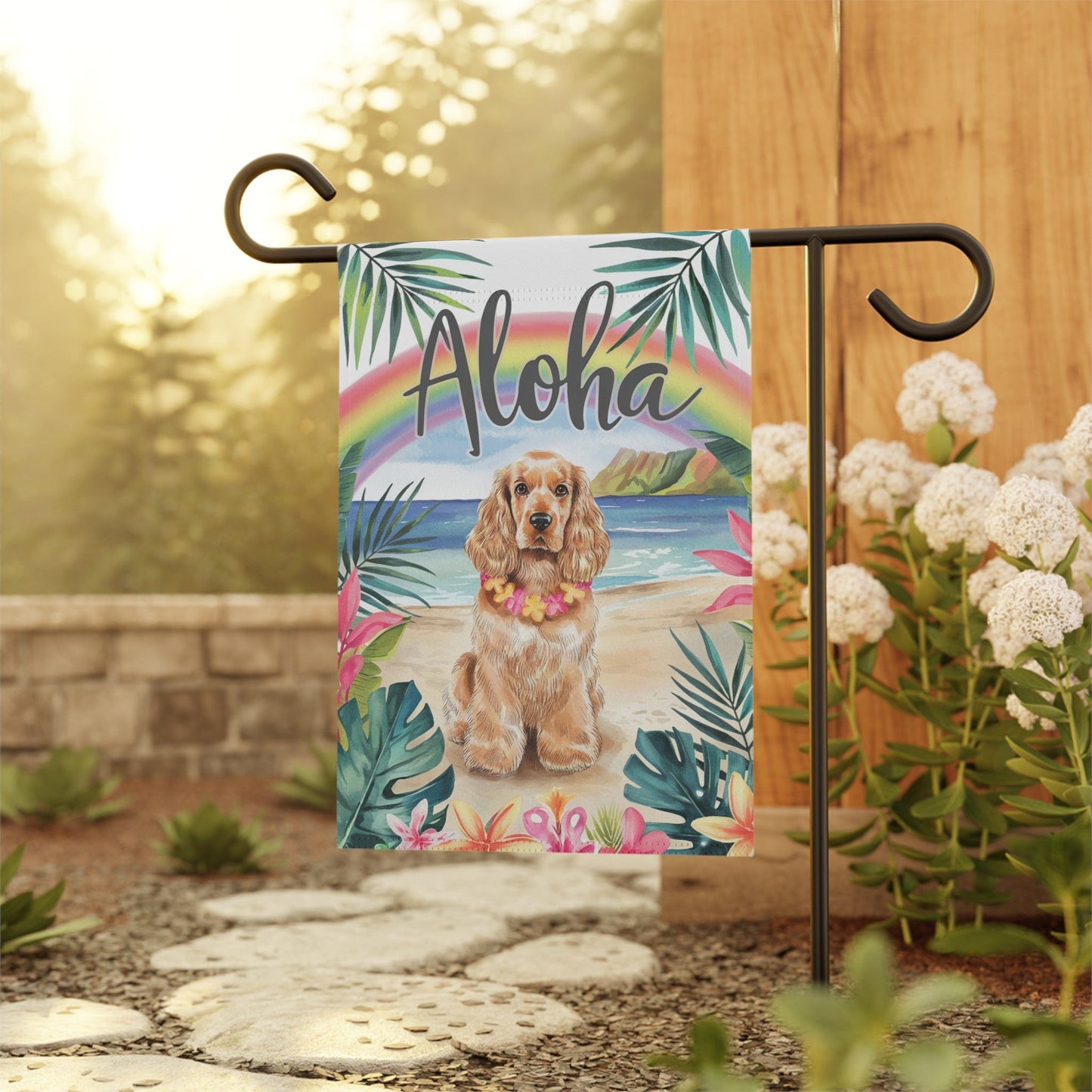 Printify Garden Flag Buff Cocker Spaniel Aloha Luau Garden Flag