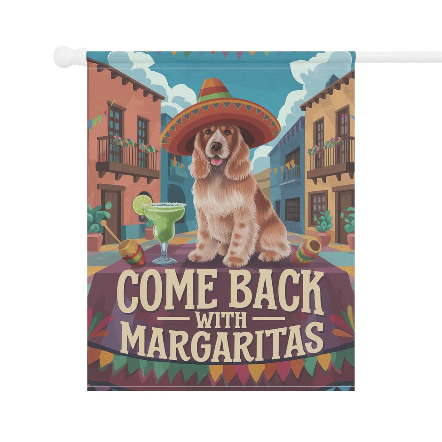 Printify Home Decor Buff Cocker Spaniel Garden Flag, Cinco de Mayo Fiesta, Margarita Dog Drinking Decor, Front Yard Spring Gardener