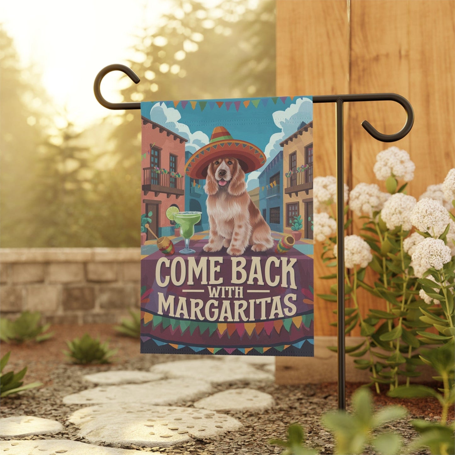 Printify Home Decor Buff Cocker Spaniel Garden Flag, Cinco de Mayo Fiesta, Margarita Dog Drinking Decor, Front Yard Spring Gardener
