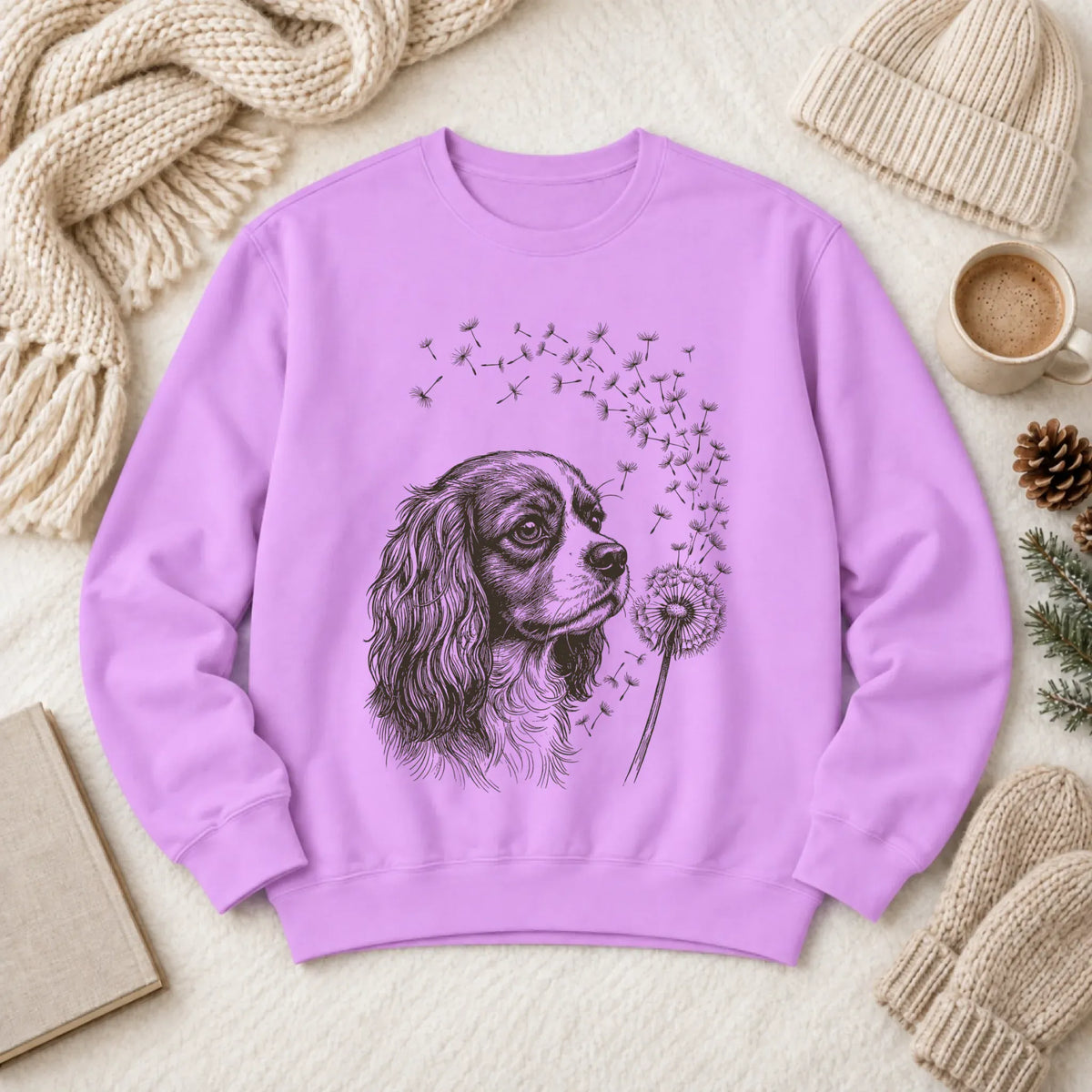 Cavalier Dandelion Garden Unisex Sweatshirt Neon Violet