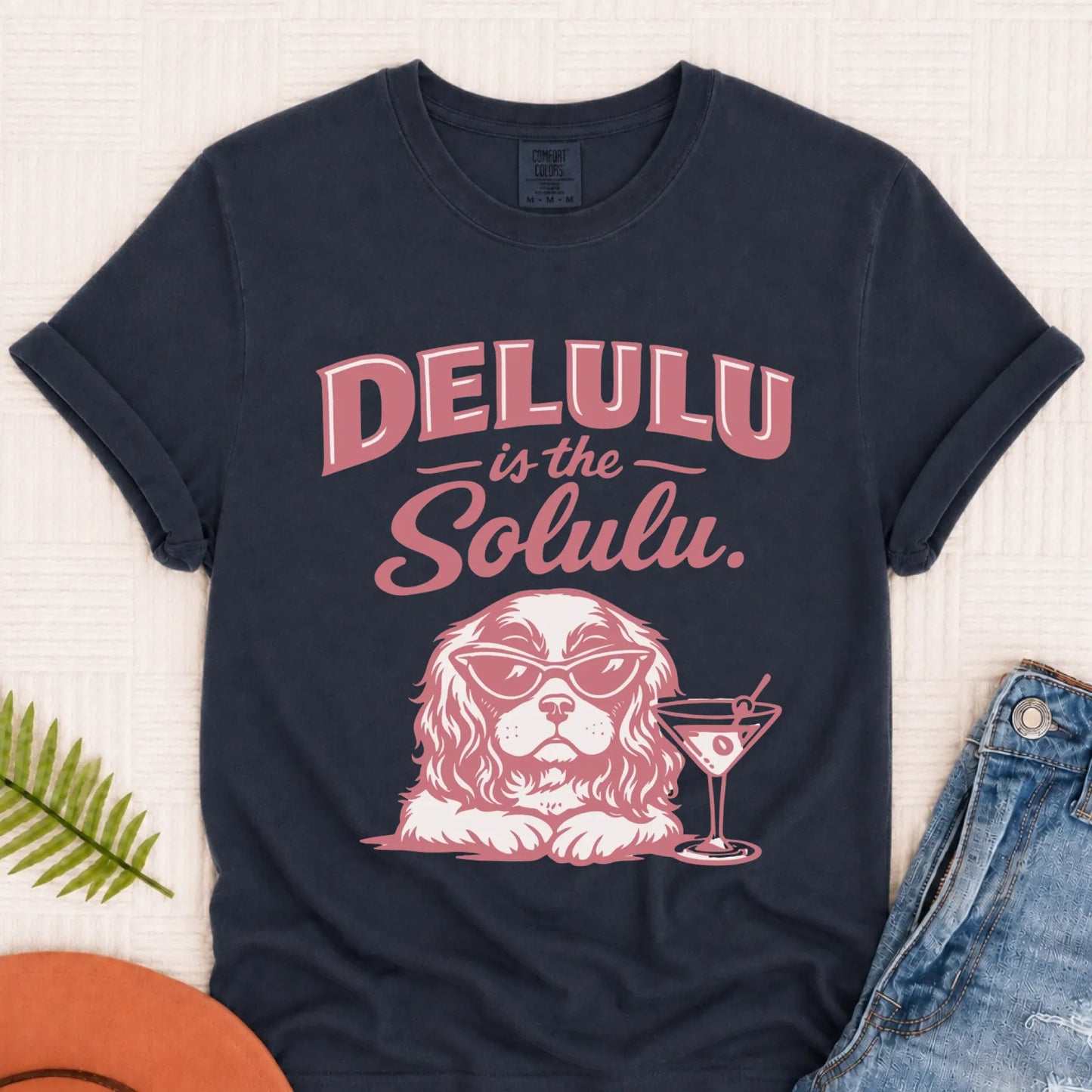 Cavalier Delulu Drinking Martini Unisex TShirt Navy