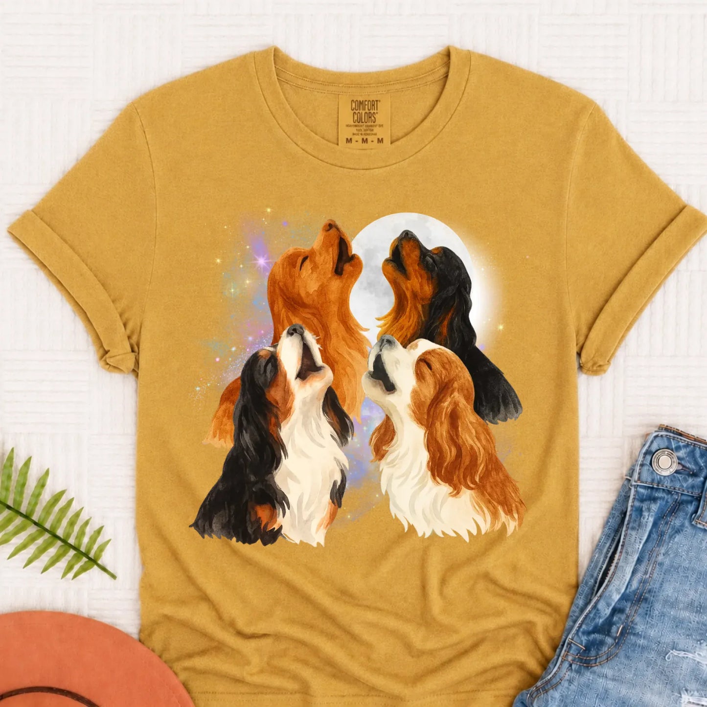 Cavalier Howling at the Moon Unisex TShirt Mustard
