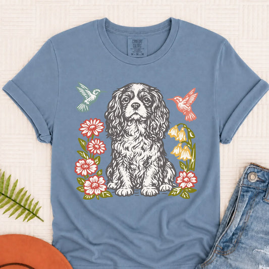 Cavalier Hummingbirds Garden Unisex TShirt Blue Jean