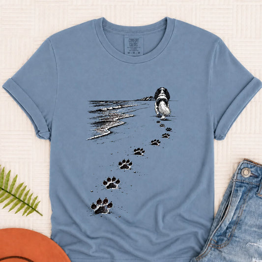 Cavalier King Charles Beach Walk Unisex TShirt Blue Jean