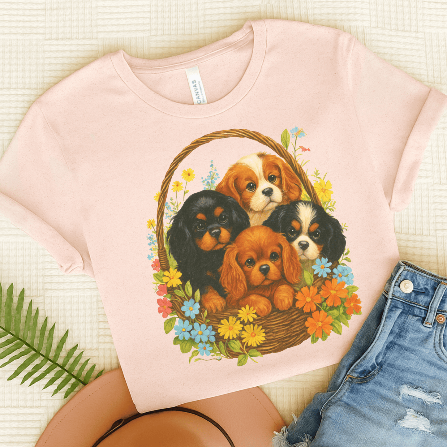 Printify T-Shirt Soft Pink / S Cavalier King Charles Puppy Basket TShirt