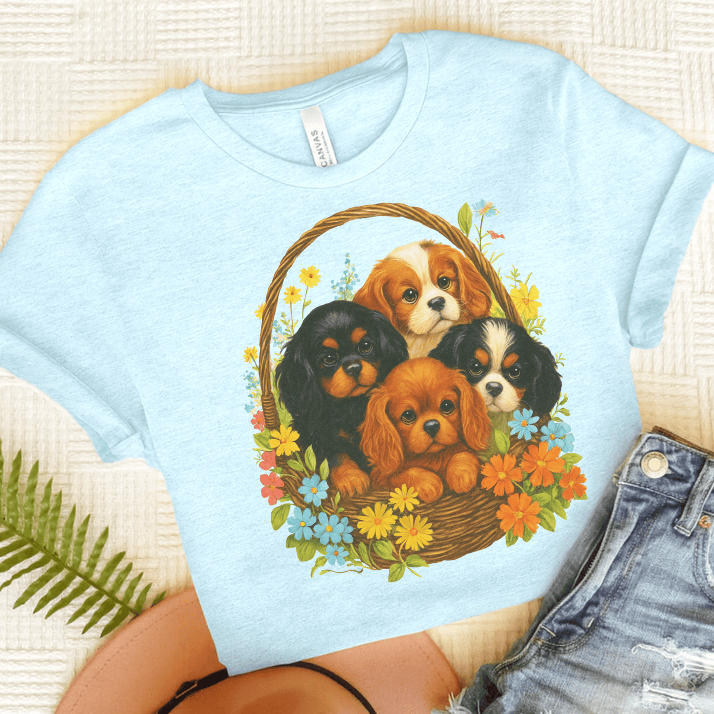 Printify T-Shirt Heather Ice Blue / S Cavalier King Charles Puppy Basket TShirt