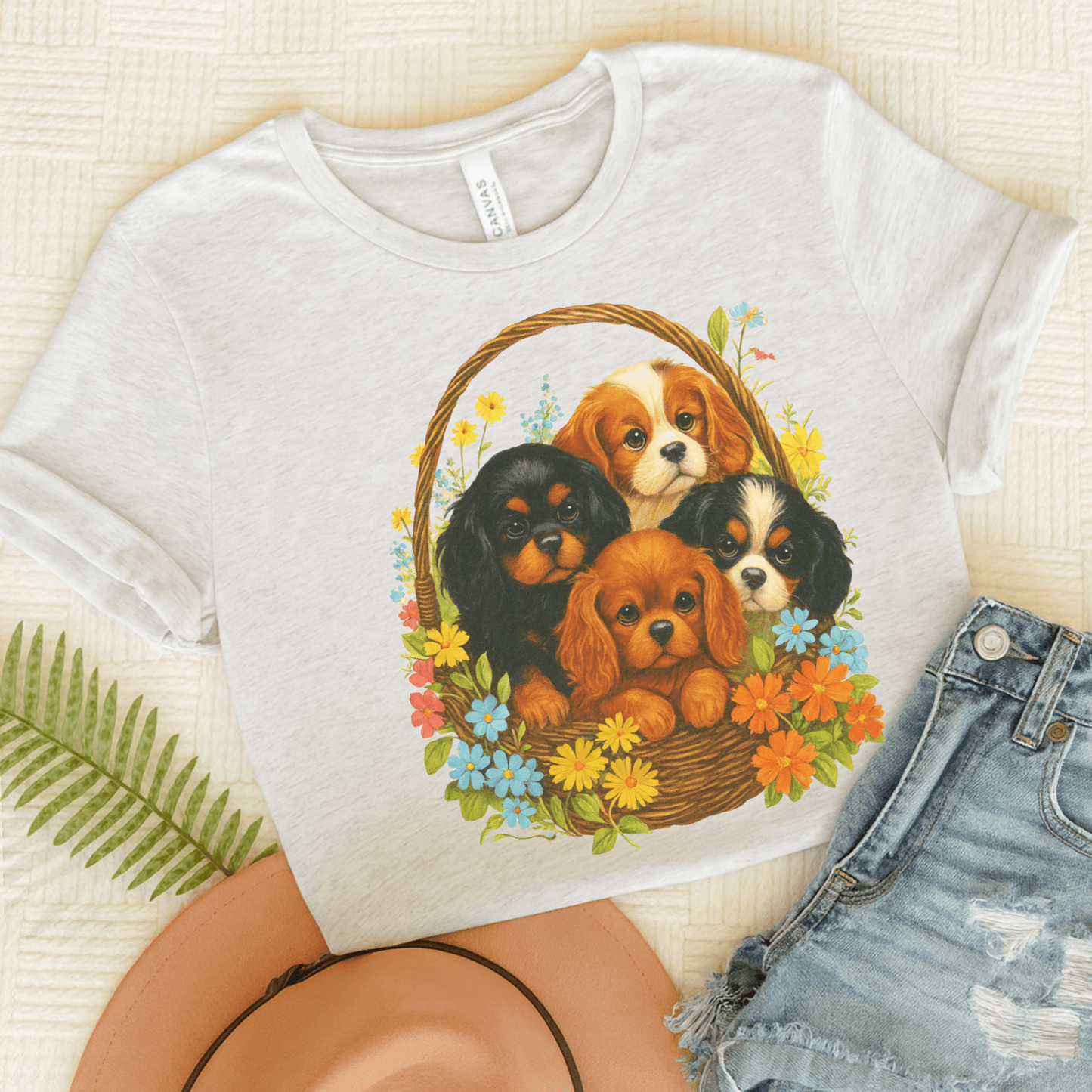 Printify T-Shirt Ash / S Cavalier King Charles Puppy Basket TShirt