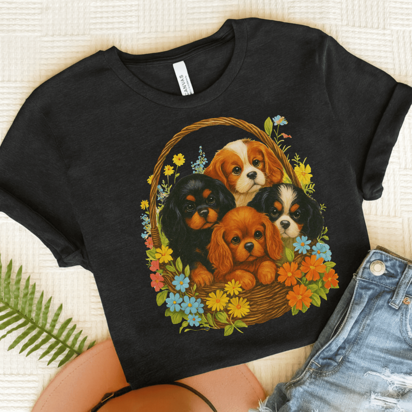 Printify T-Shirt Solid Black Blend / S Cavalier King Charles Puppy Basket TShirt