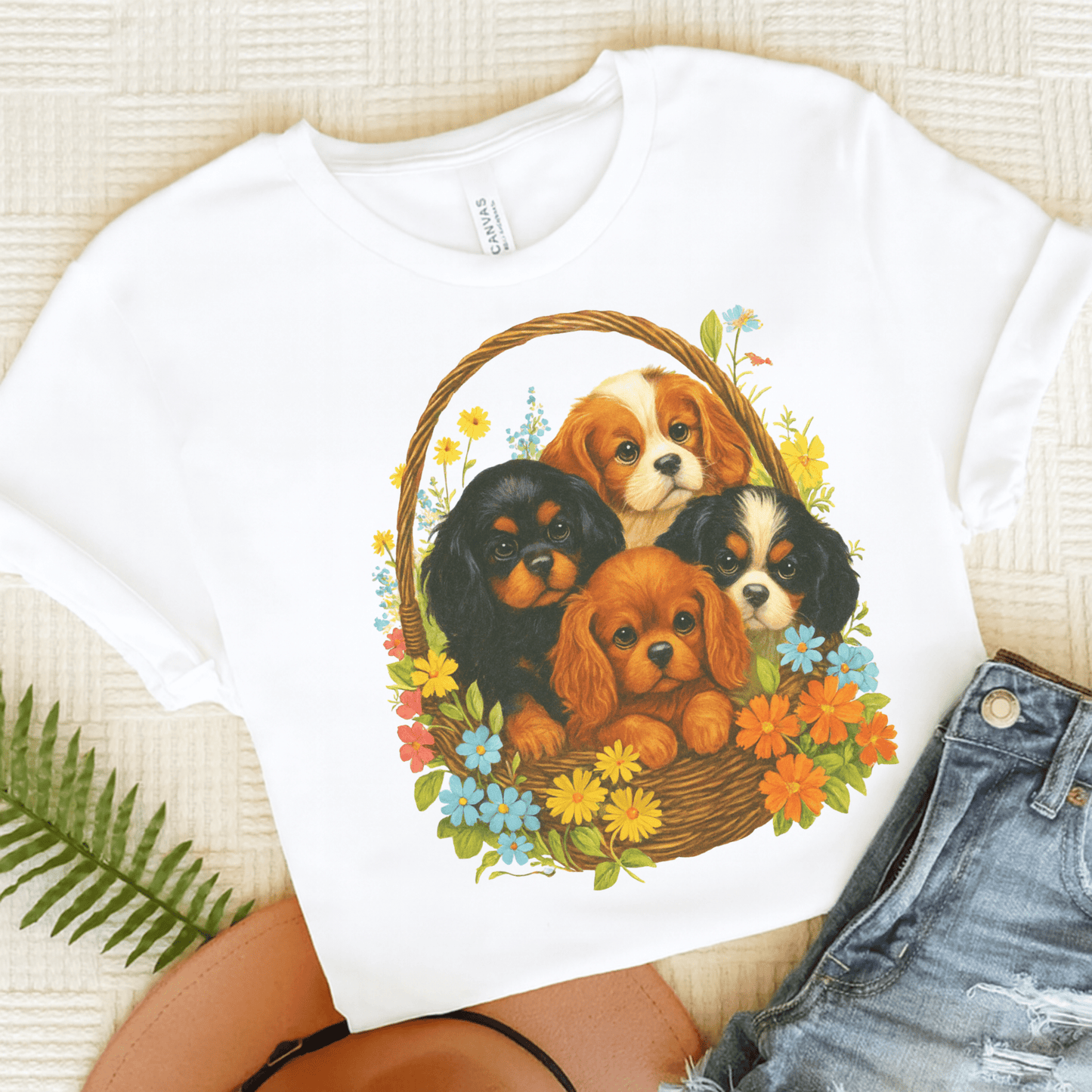 Printify T-Shirt White / S Cavalier King Charles Puppy Basket TShirt