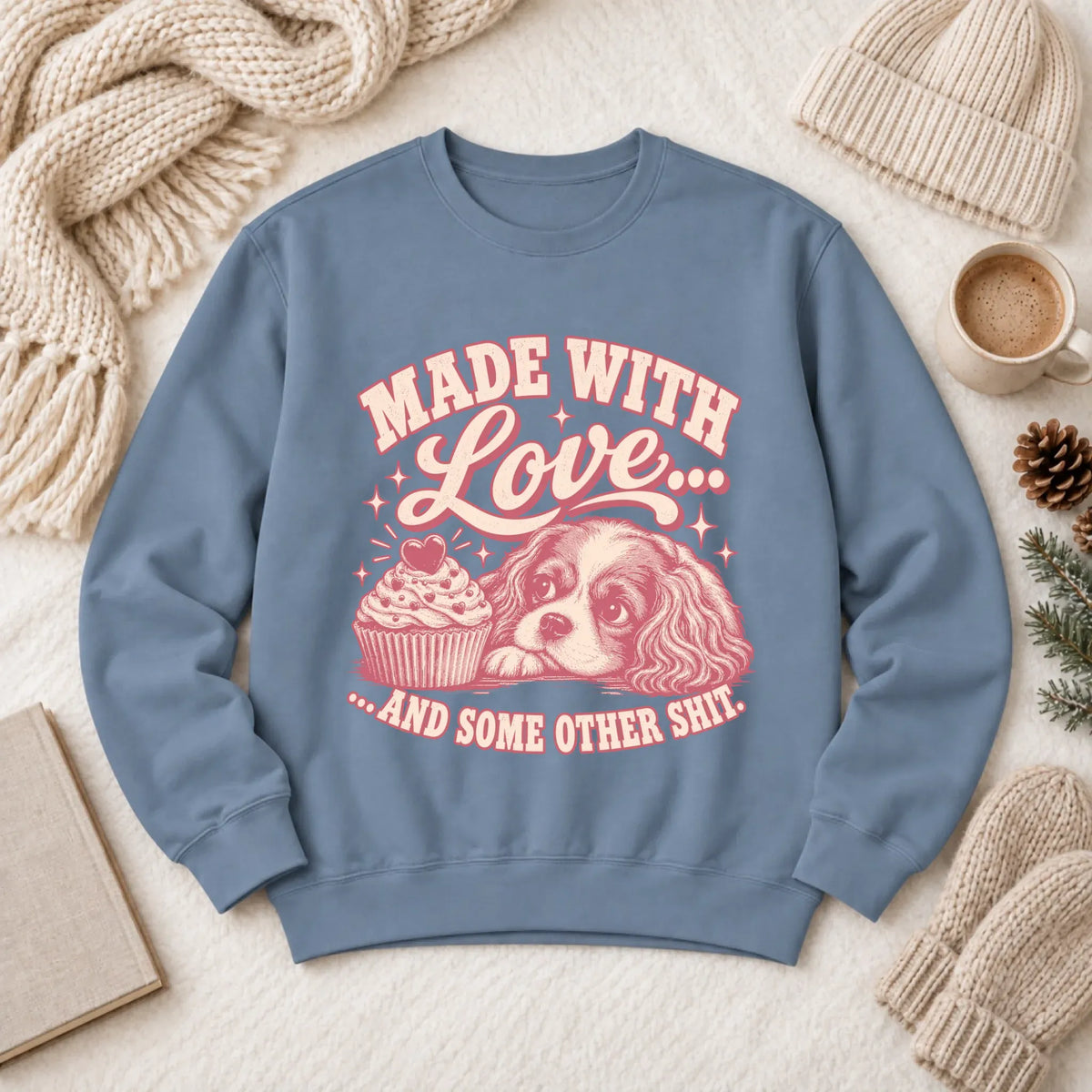 Cavalier Made with Love Cupcakes Unisex Sweatshirt Blue Jean