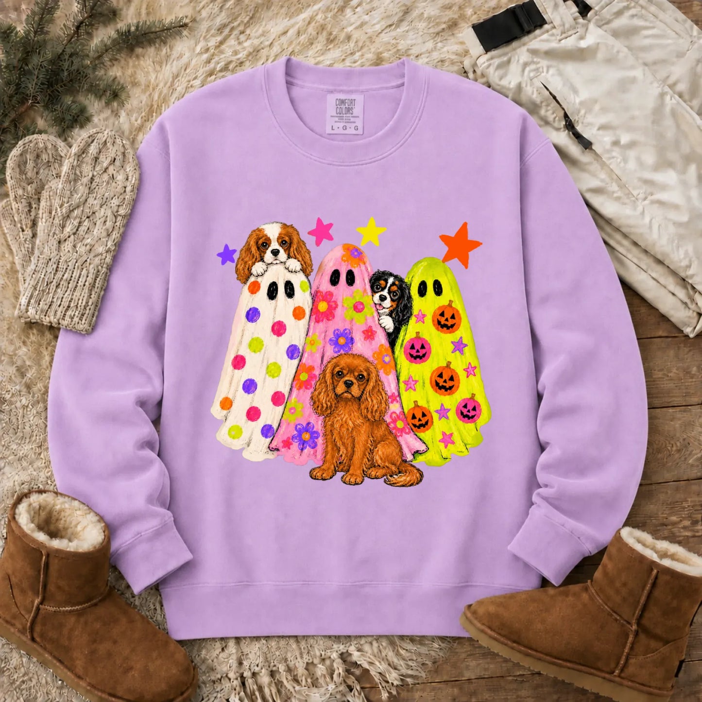 Cavalier Neon Ghosts Halloween Unisex Sweatshirt Orchid