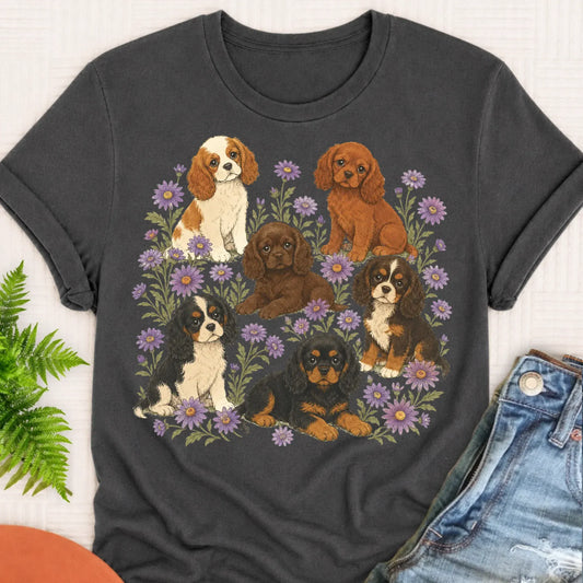 Cavalier Puppies Butterflies Unisex TShirt Pepper