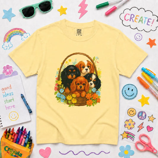 Cavalier Spring Puppy Basket YOUTH Unisex TShirt NEW Youth Midweight Tee Butter