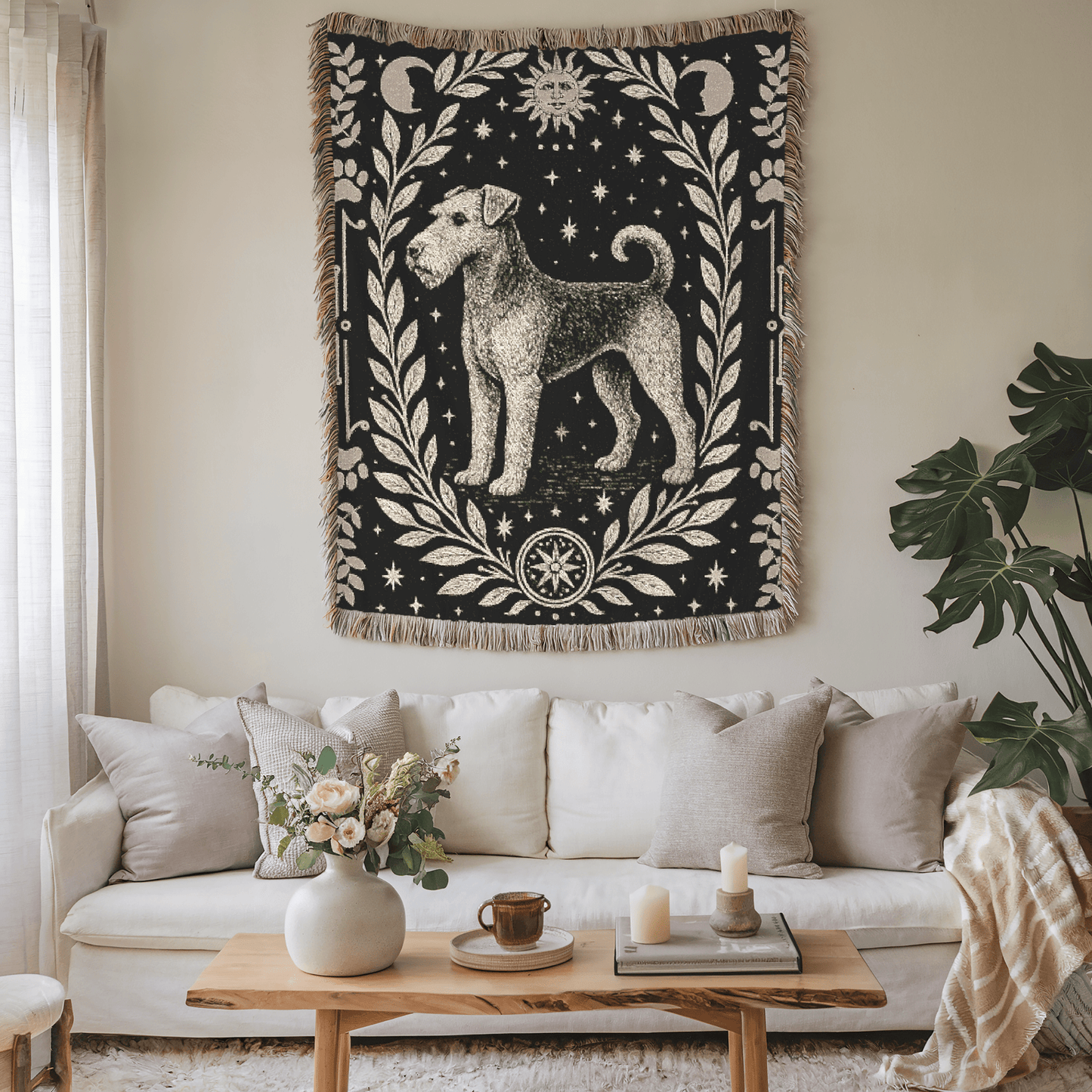 Printify Home Decor Celestial Woven Blanket, Airedale Boho Tapestry, Forest Core, Witchy Decorations, Home Throw, Dog Mom Housewarming Gift, Mystical New Home