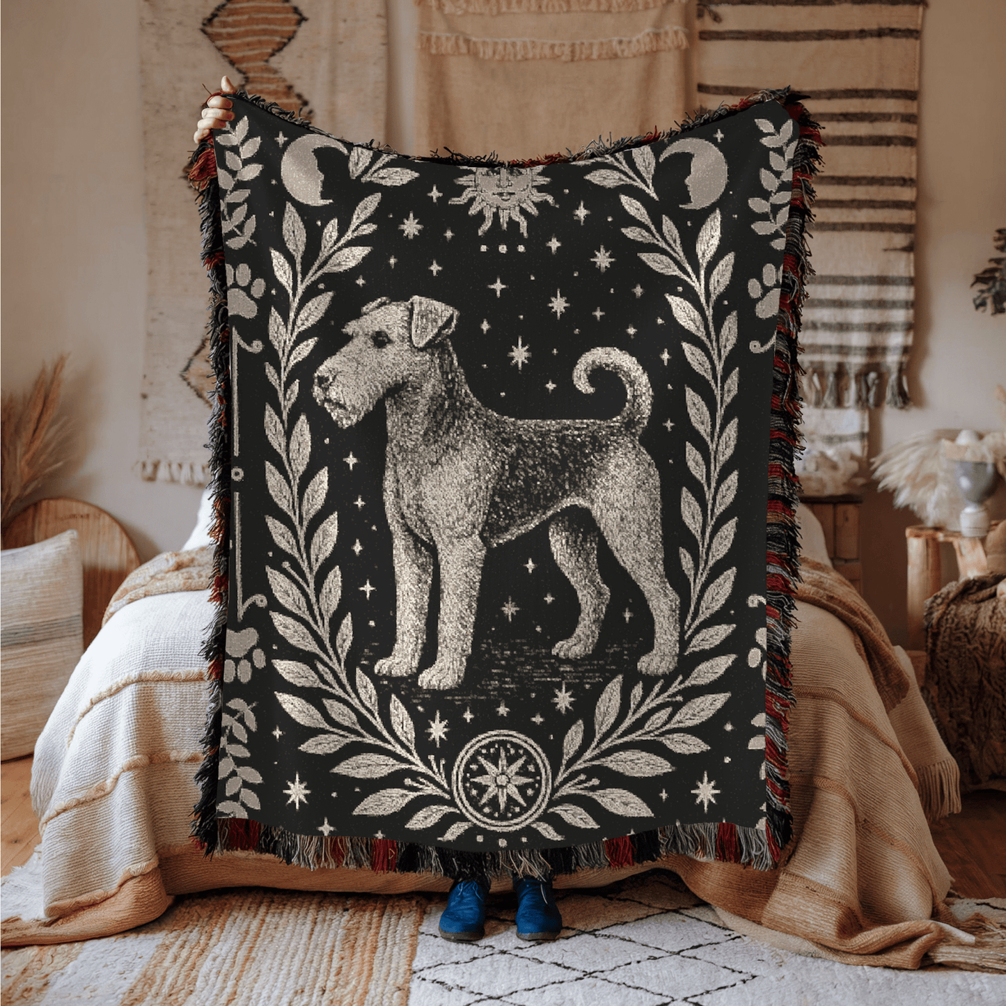Printify Home Decor Celestial Woven Blanket, Airedale Boho Tapestry, Forest Core, Witchy Decorations, Home Throw, Dog Mom Housewarming Gift, Mystical New Home