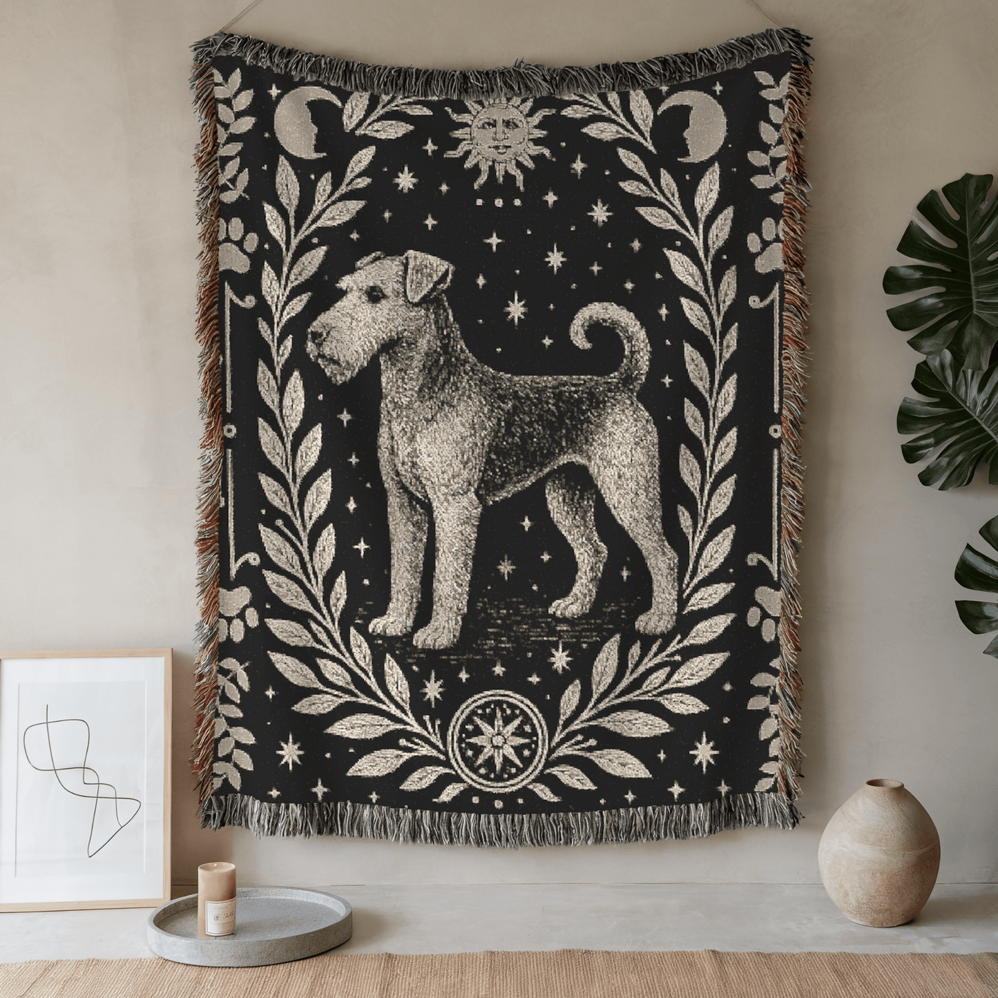 Printify Home Decor Celestial Woven Blanket, Airedale Boho Tapestry, Forest Core, Witchy Decorations, Home Throw, Dog Mom Housewarming Gift, Mystical New Home