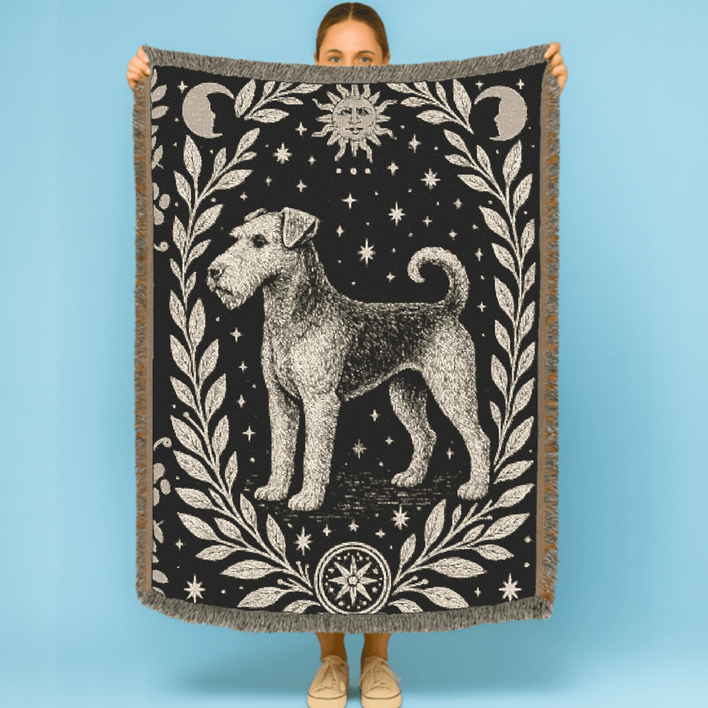 Printify Home Decor Celestial Woven Blanket, Airedale Boho Tapestry, Forest Core, Witchy Decorations, Home Throw, Dog Mom Housewarming Gift, Mystical New Home