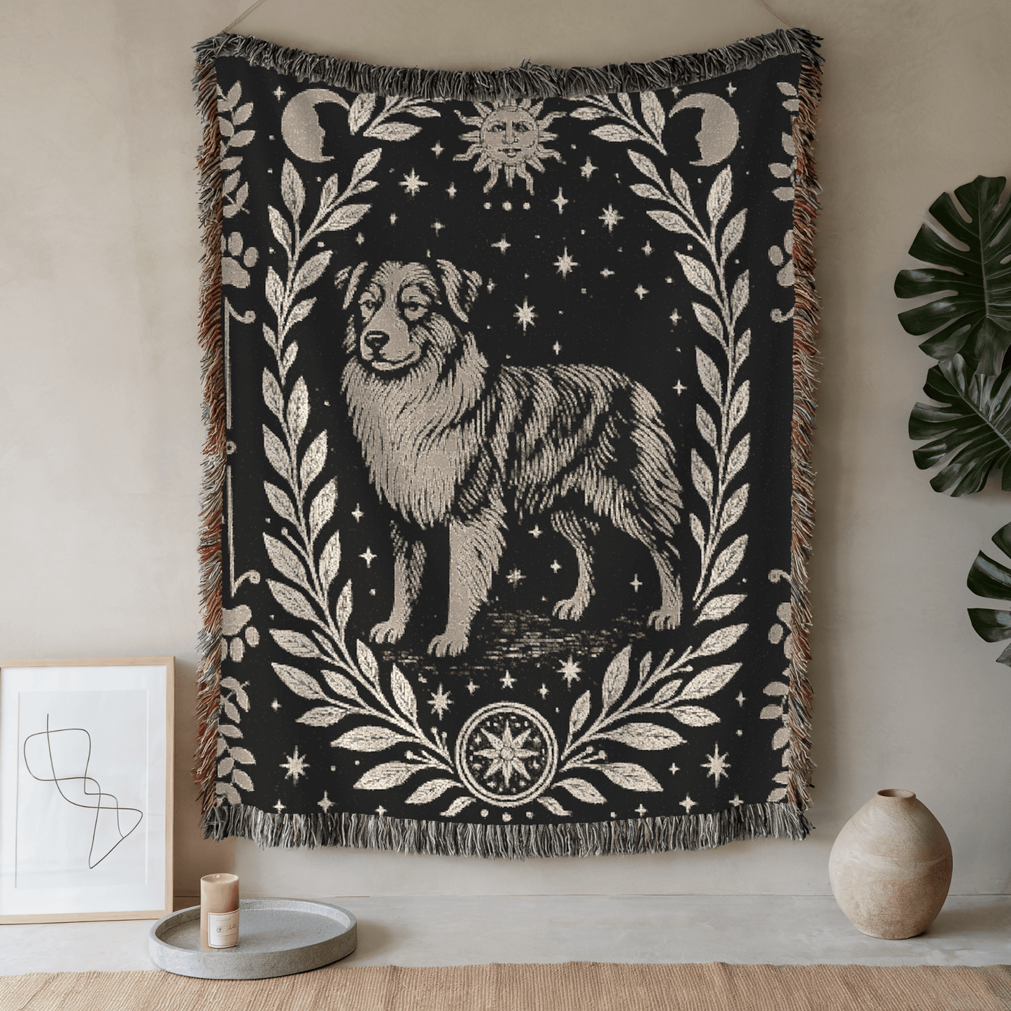 Printify Home Decor Celestial Woven Blanket, Australian Shepherd Boho Tapestry, Forest Core, Witchy Decorations, Home Throw