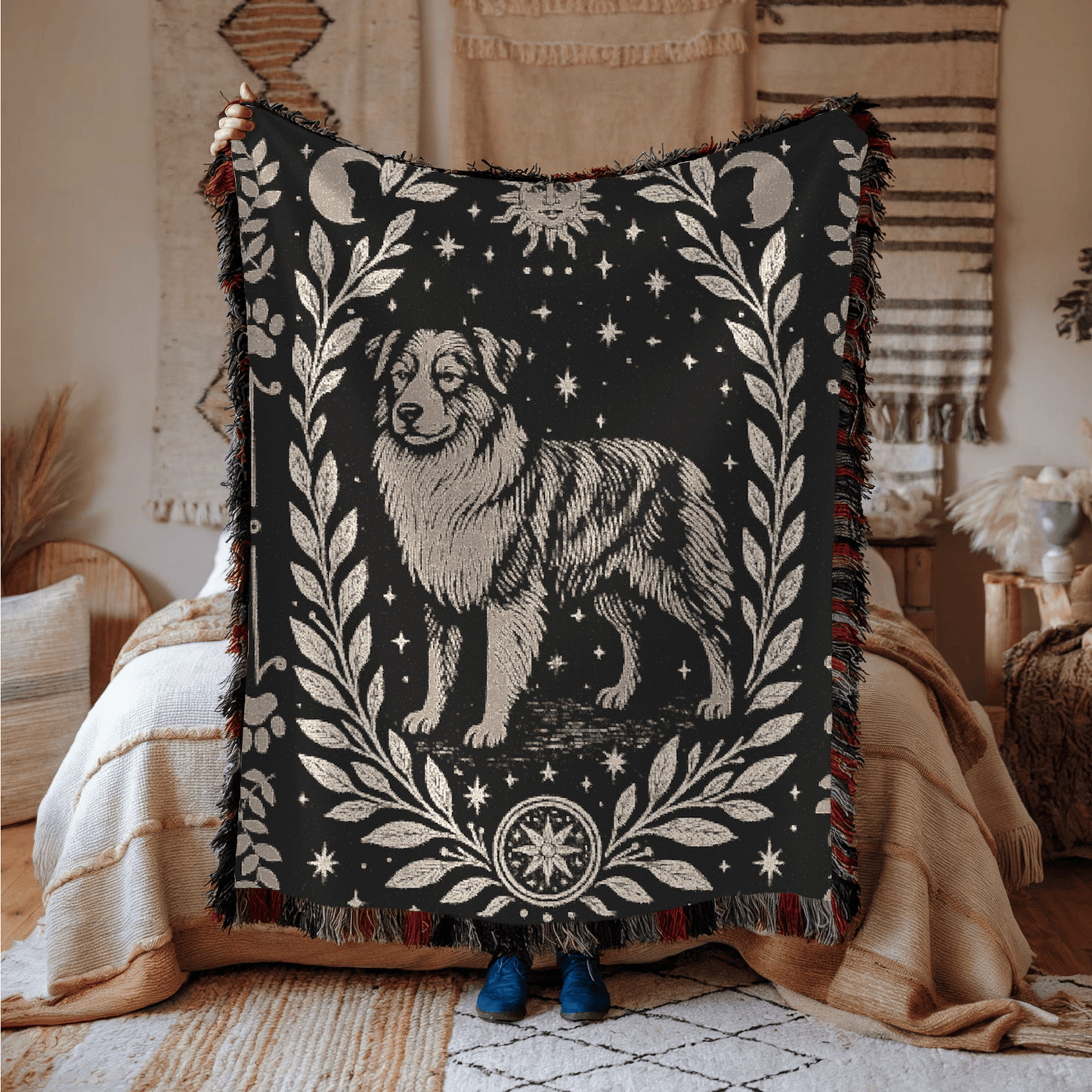 Printify Home Decor Celestial Woven Blanket, Australian Shepherd Boho Tapestry, Forest Core, Witchy Decorations, Home Throw