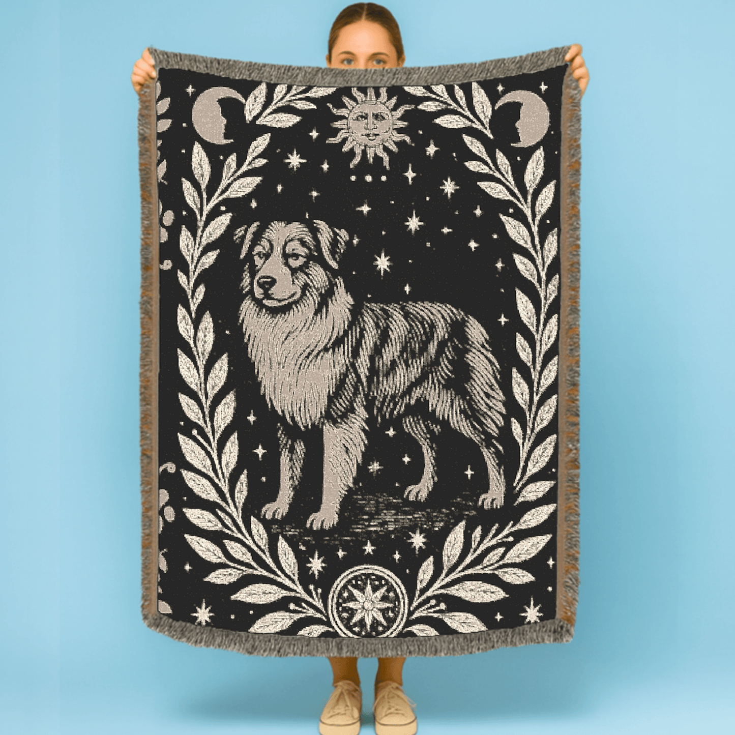 Printify Home Decor Celestial Woven Blanket, Australian Shepherd Boho Tapestry, Forest Core, Witchy Decorations, Home Throw