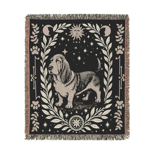 Celestial Woven Blanket, Basset Hound Boho Tapestry, Forest Core, Witchy
