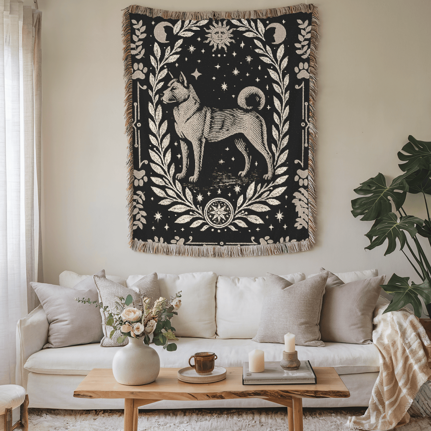 Printify Home Decor Celestial Woven Blanket, Fawn American Akita Boho Tapestry, Forest Core, Witchy Decorations