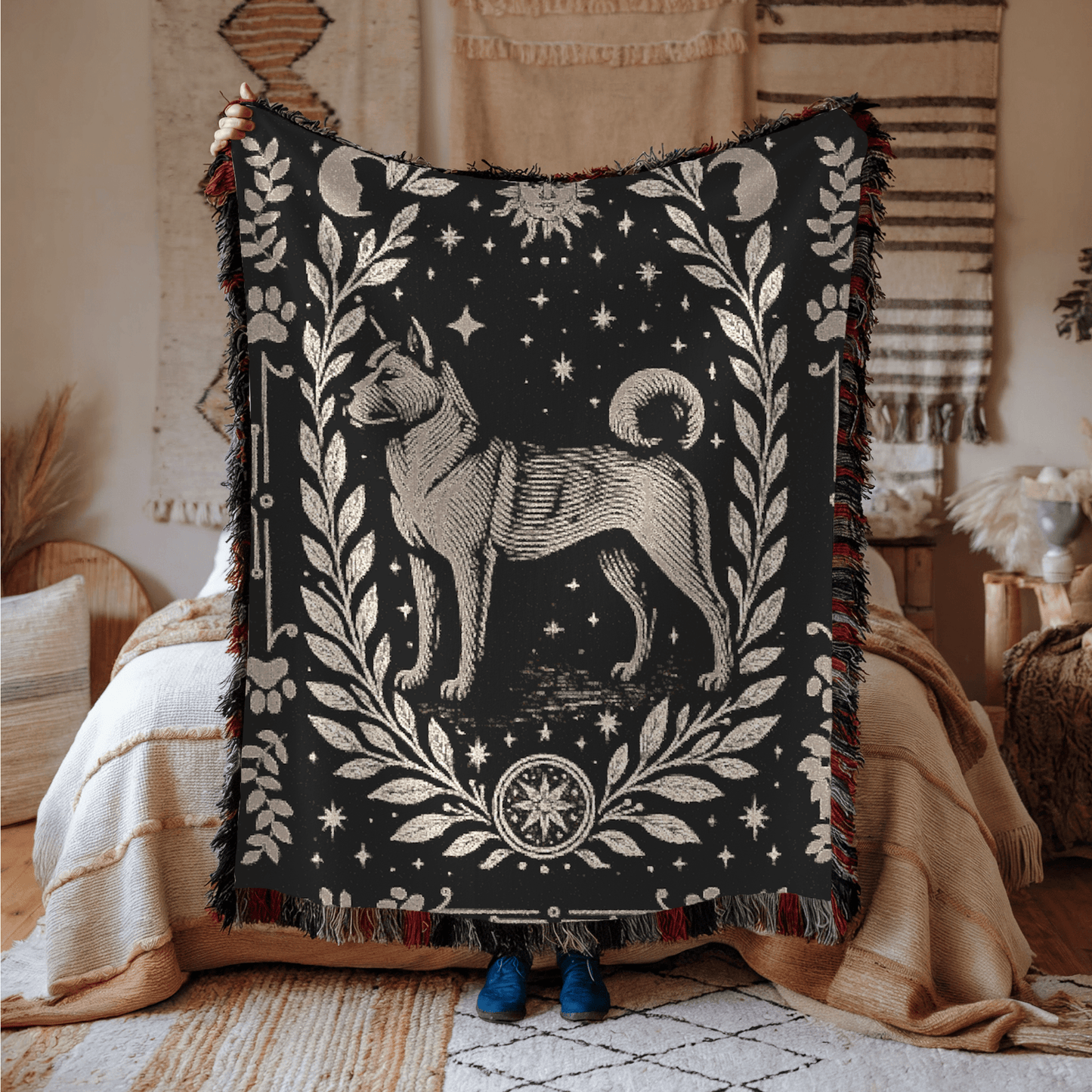 Printify Home Decor Celestial Woven Blanket, Fawn American Akita Boho Tapestry, Forest Core, Witchy Decorations