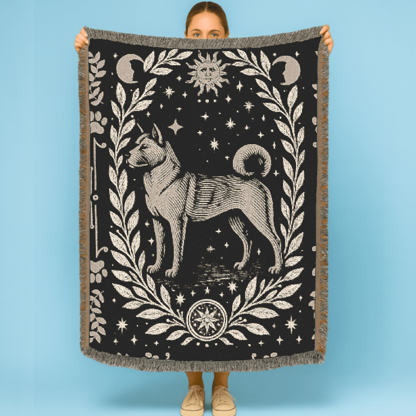 Printify Home Decor Celestial Woven Blanket, Fawn American Akita Boho Tapestry, Forest Core, Witchy Decorations