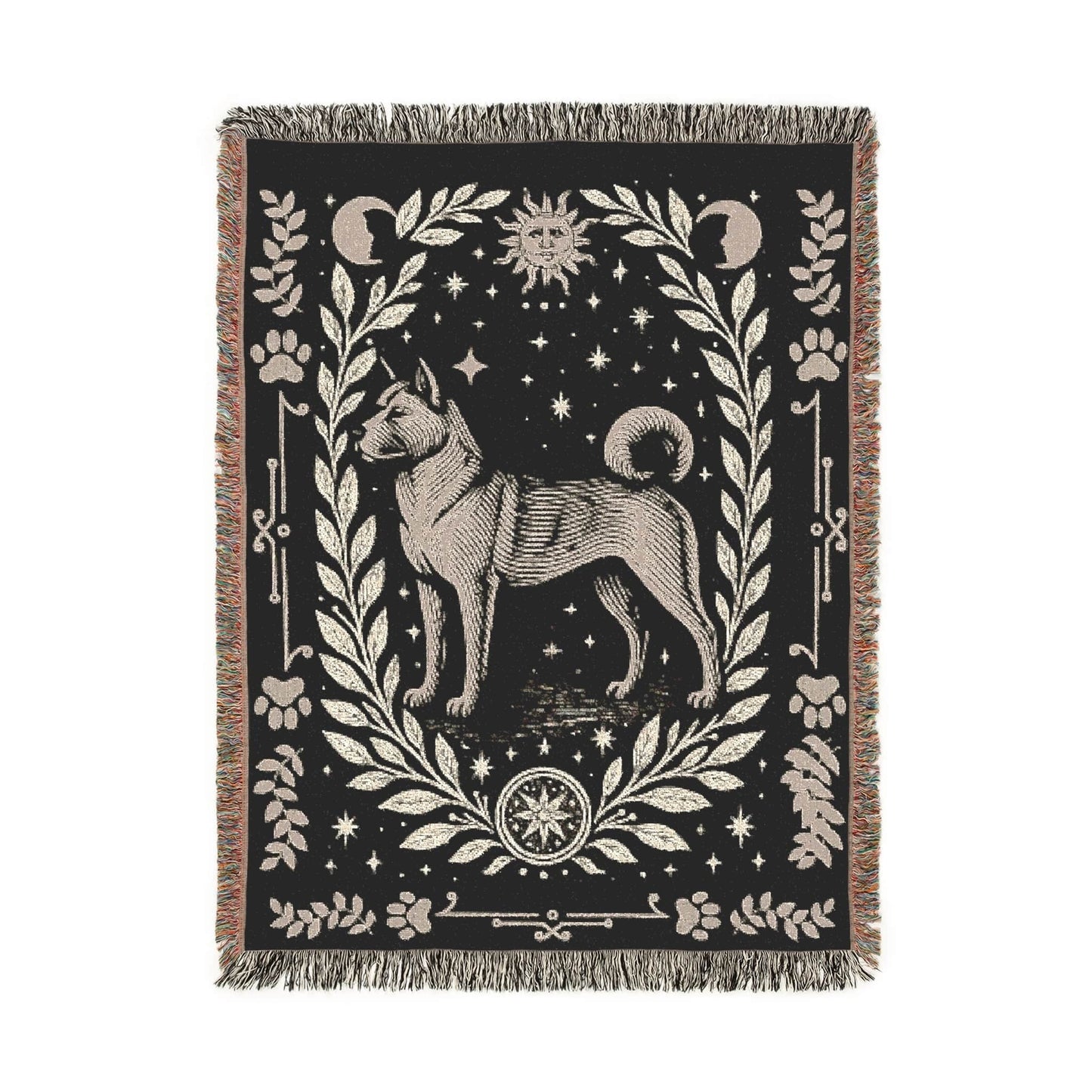 Printify Home Decor Celestial Woven Blanket, Fawn American Akita Boho Tapestry, Forest Core, Witchy Decorations