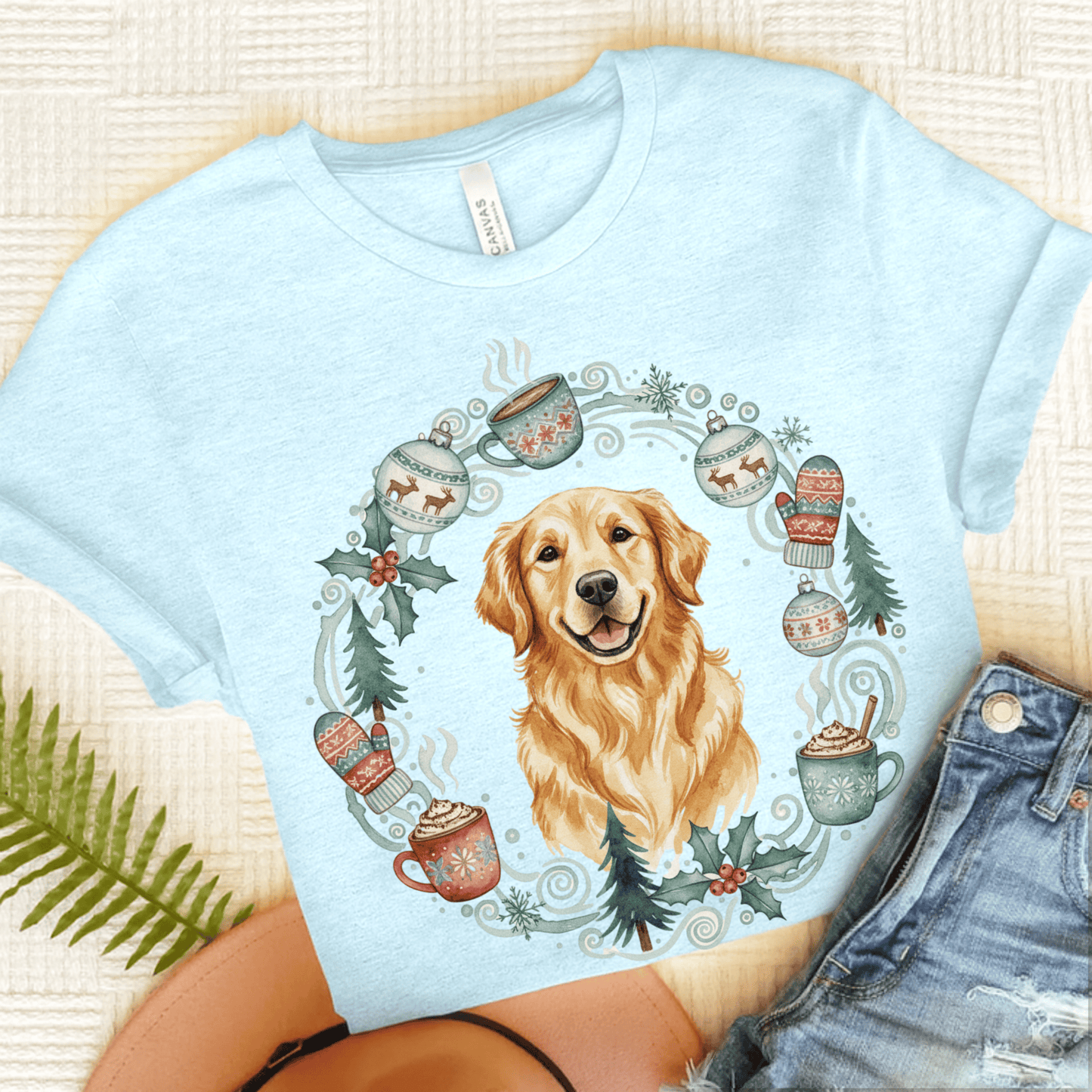 Christmas Wreath Golden Retriever Unisex Tshirt Heather Ice Blue