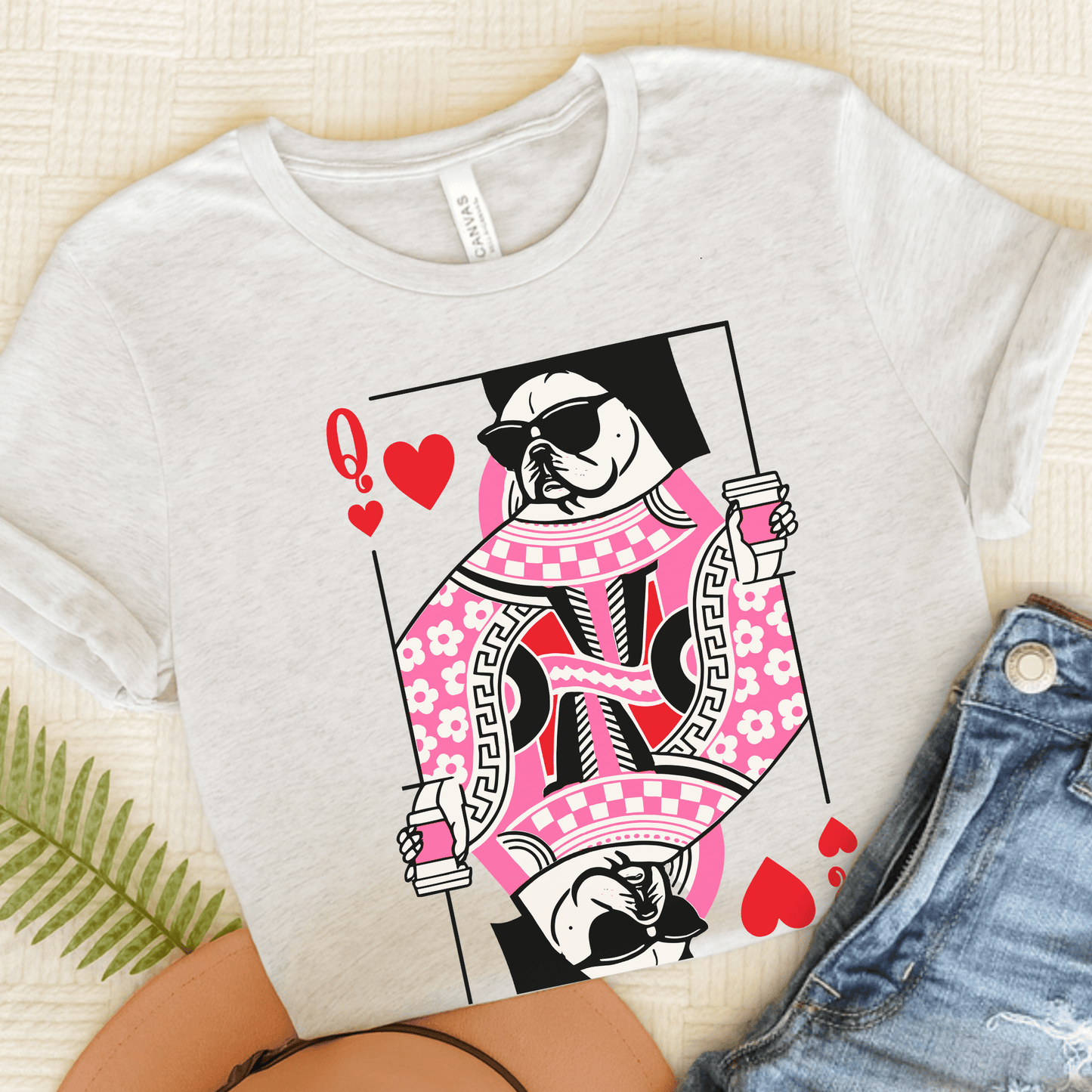 Coffee and Frenchies Queen of Hearts Unisex TShirt Ash
