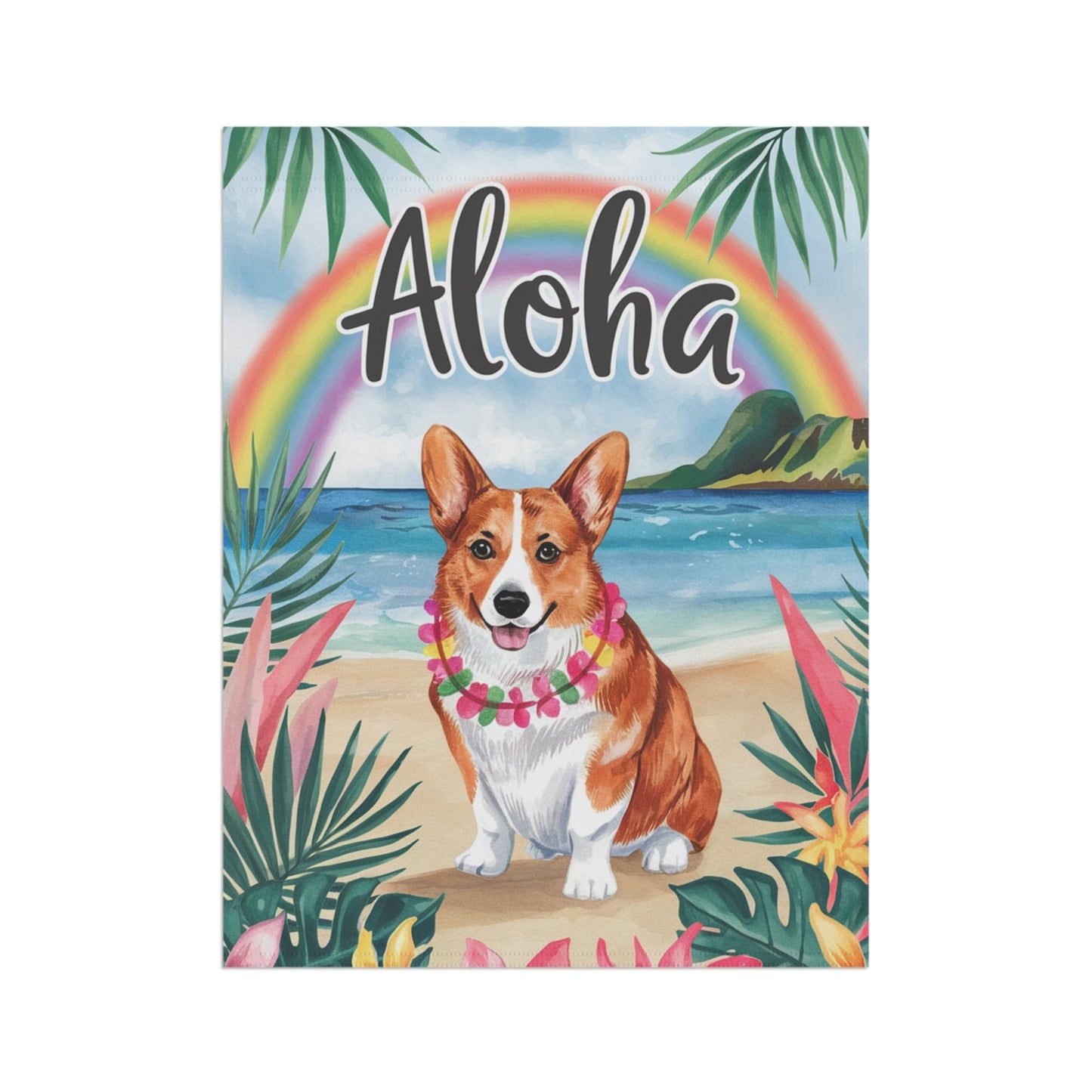 Printify Home Decor Corgi Cardigan red Hawaii Garden Flag, Aloha Luau Party Decorations, Tropical Hawaiian