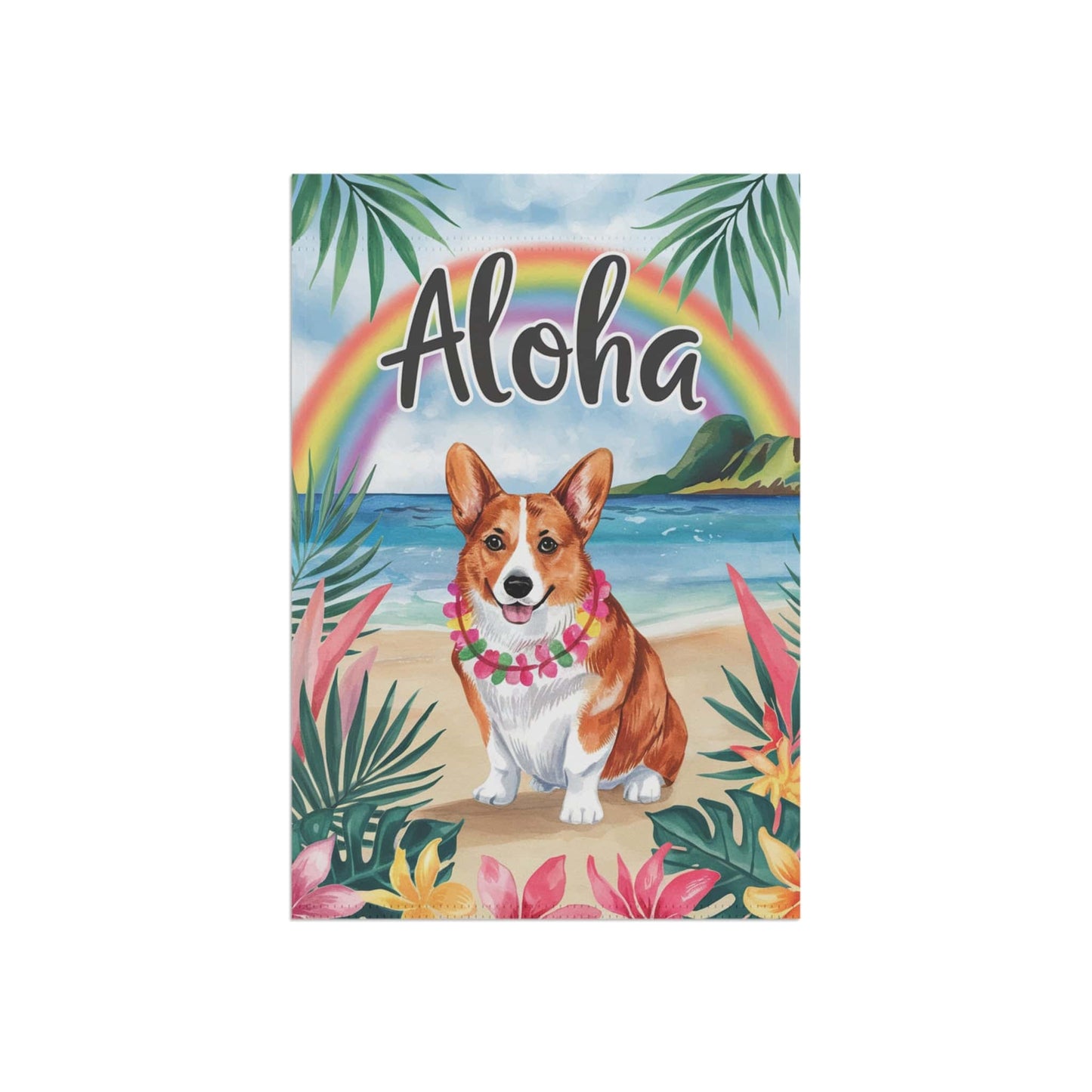 Printify Home Decor Corgi Cardigan red Hawaii Garden Flag, Aloha Luau Party Decorations, Tropical Hawaiian