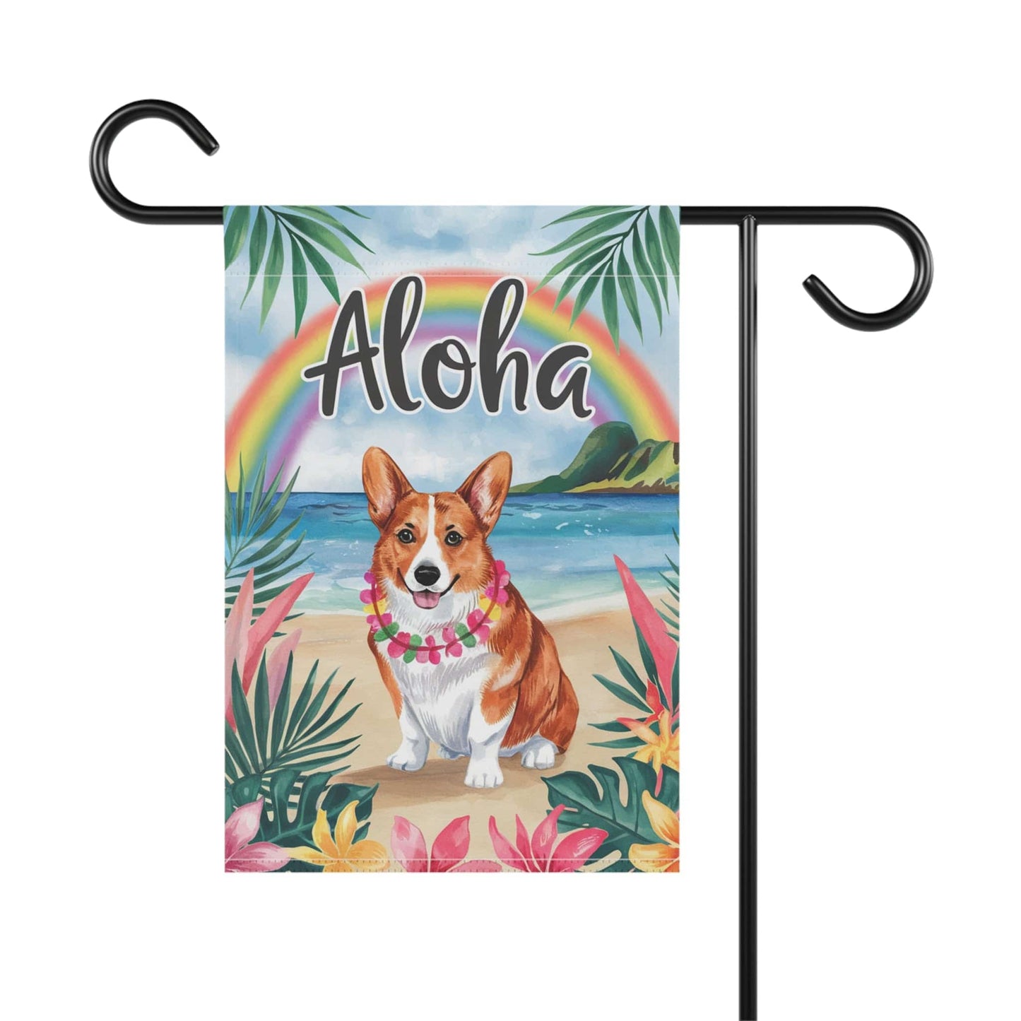 Printify Home Decor Corgi Cardigan red Hawaii Garden Flag, Aloha Luau Party Decorations, Tropical Hawaiian