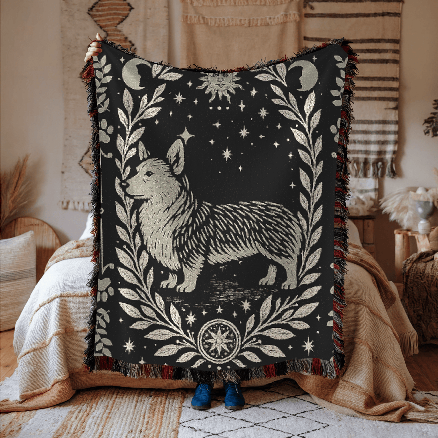 Printify Blanket Corgi Celestial Woven Blanket