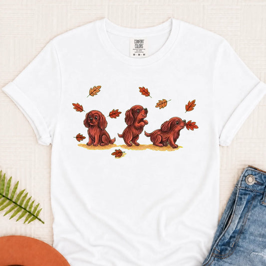 Custom Cavalier Chasing Leaves Unisex TShirt White