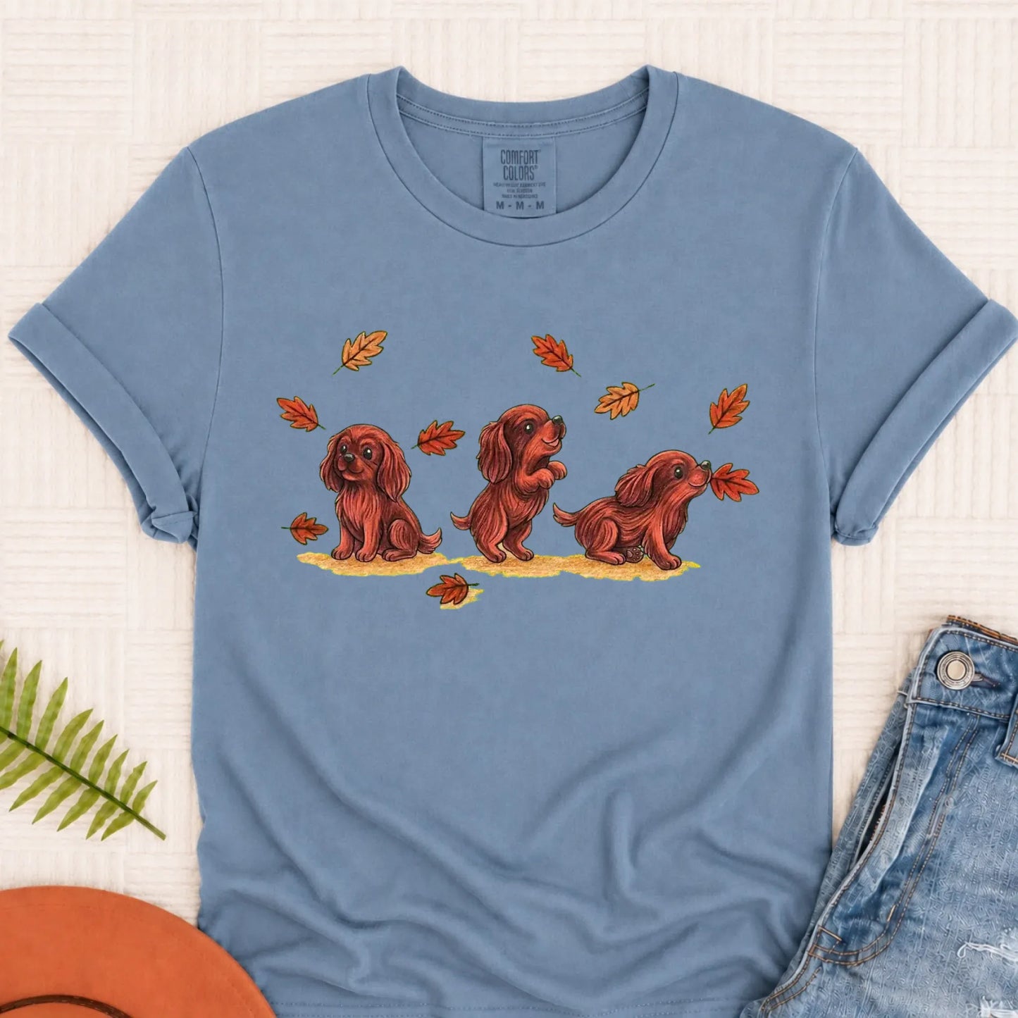 T-Shirt Blue Jean / S Custom Cavalier Chasing Leaves Unisex TShirt