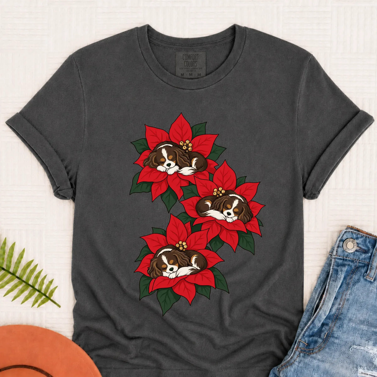 Custom Cavalier Christmas Poinsettias Unisex TShirt Pepper