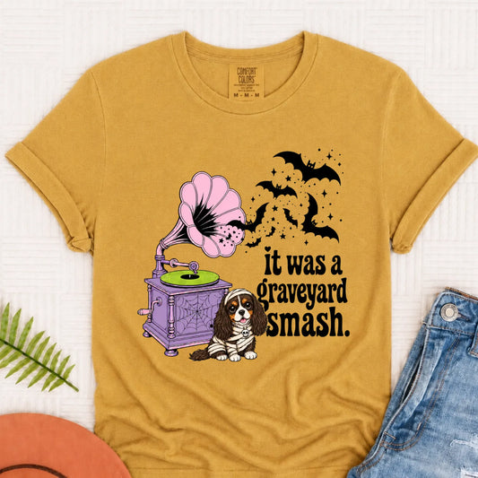 Custom Cavalier Halloween Graveyard Smash Unisex Tshirt Mustard