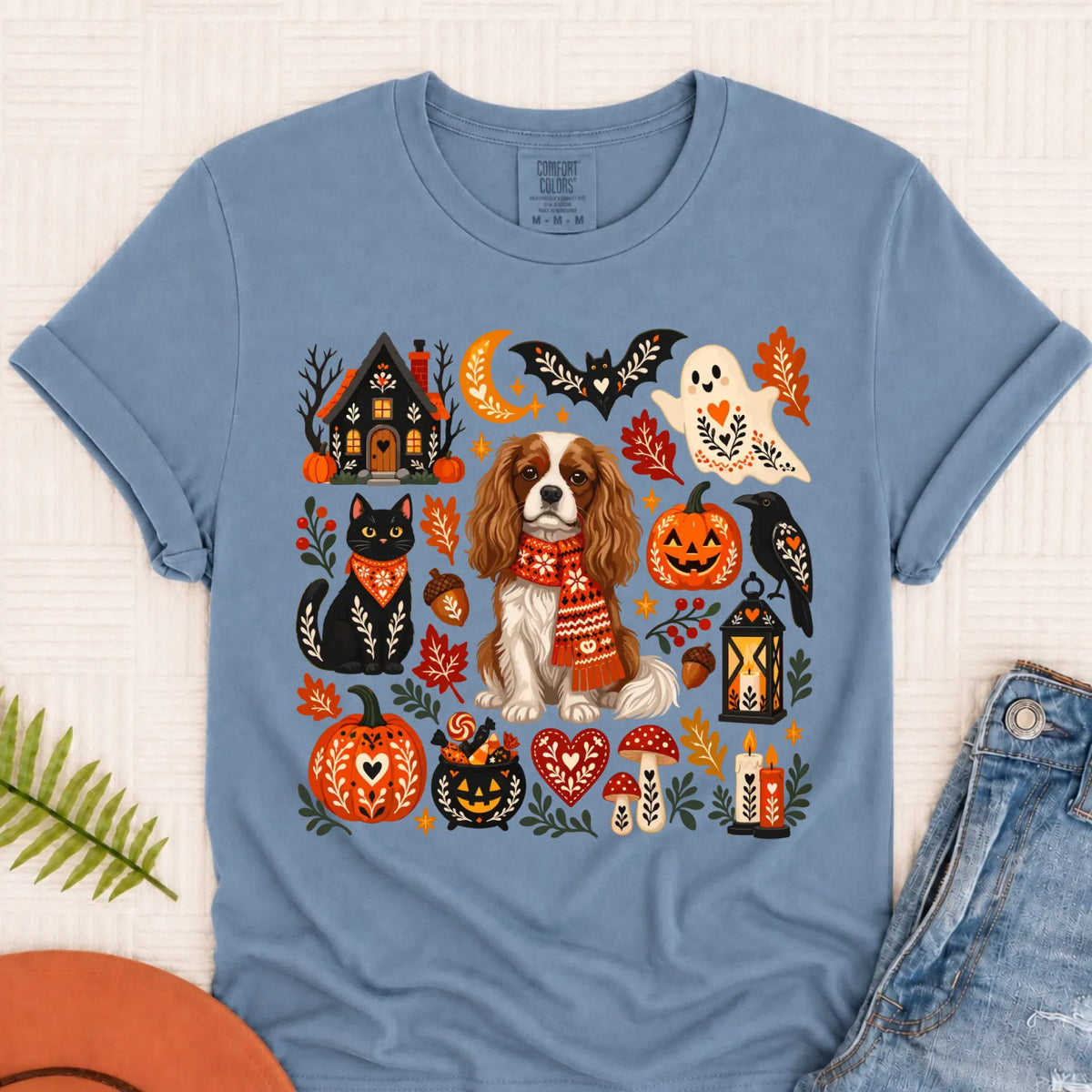 Custom Cavalier Halloween Scandinavian Unisex TShirt Blue Jean