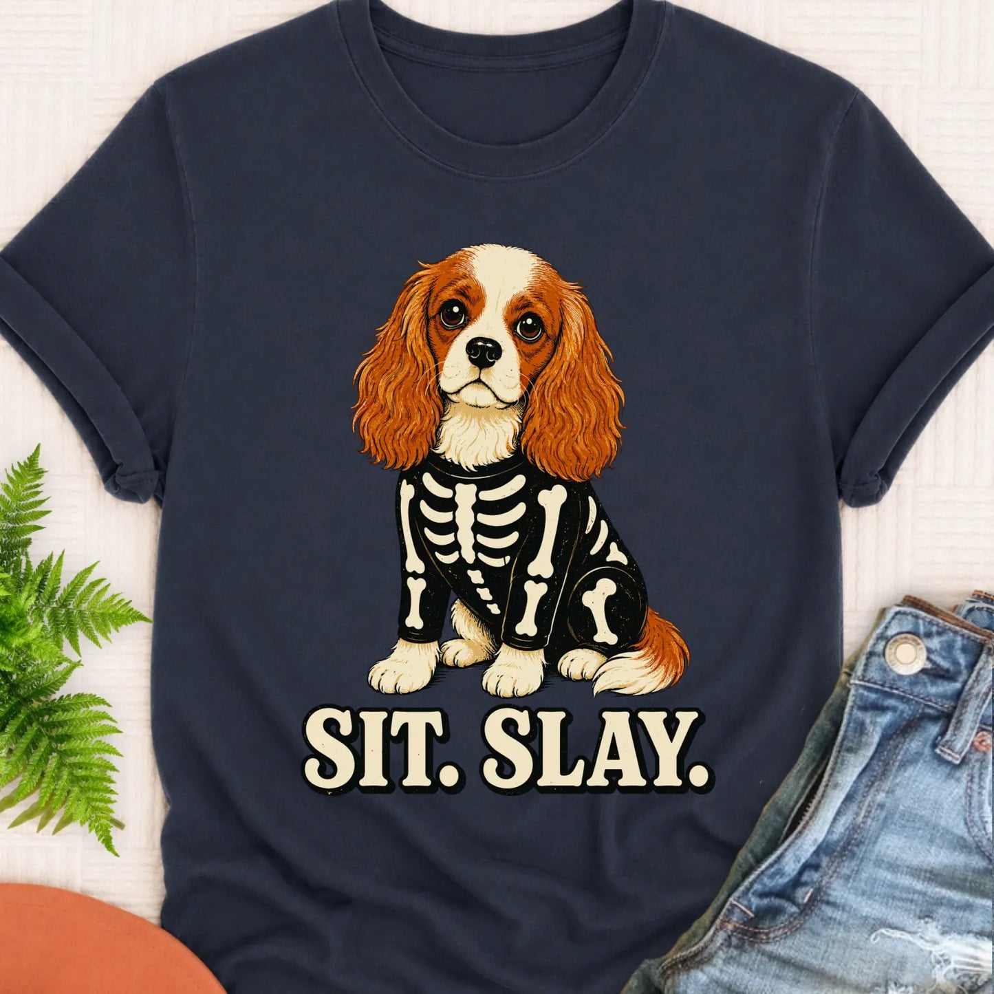 T-Shirt Navy / S Custom Cavalier Halloween Skeleton Unisex TShirt