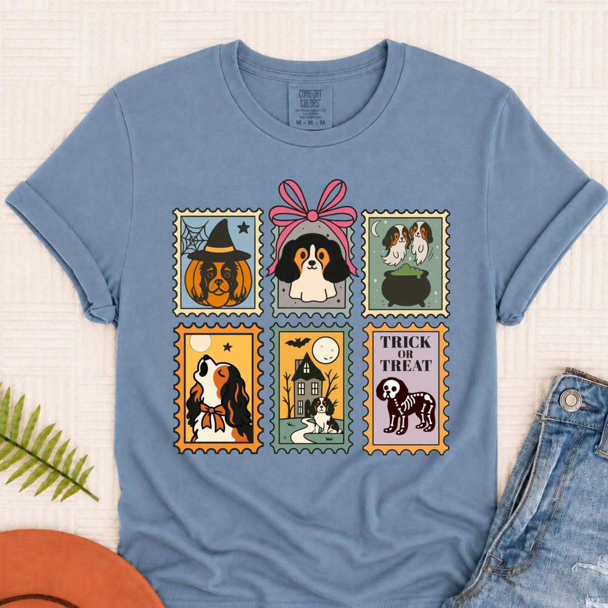 Custom Cavalier Halloween Stamps Unisex TShirt Blue Jean