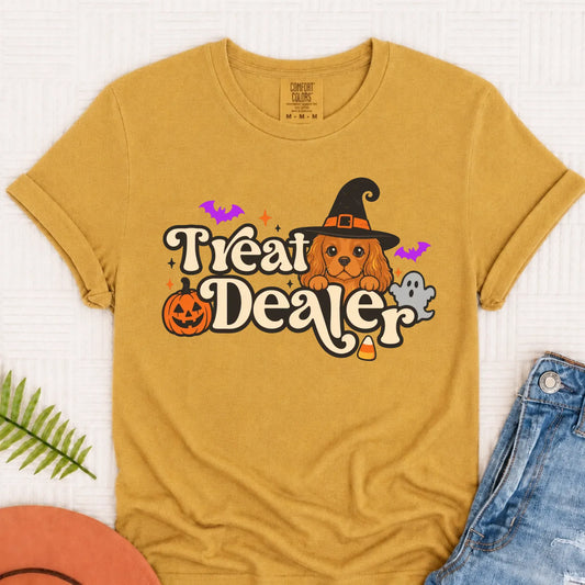Custom Cavalier Halloween Treat Dealer Unisex Tshirt Mustard